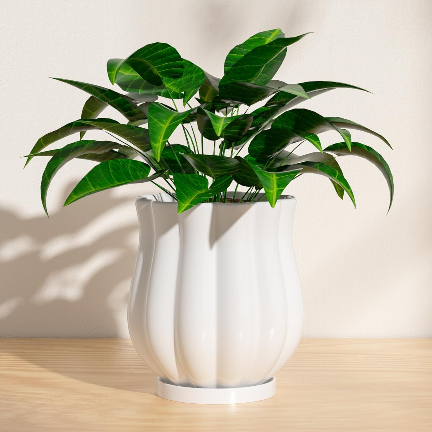 Ceramic Planter, 7.1 × 7.1 × 7.9 Inches Plant Pot with Drainage Hole and Saucer, Indoor Outdoor Planter Flower Pots, White Pot for Plants