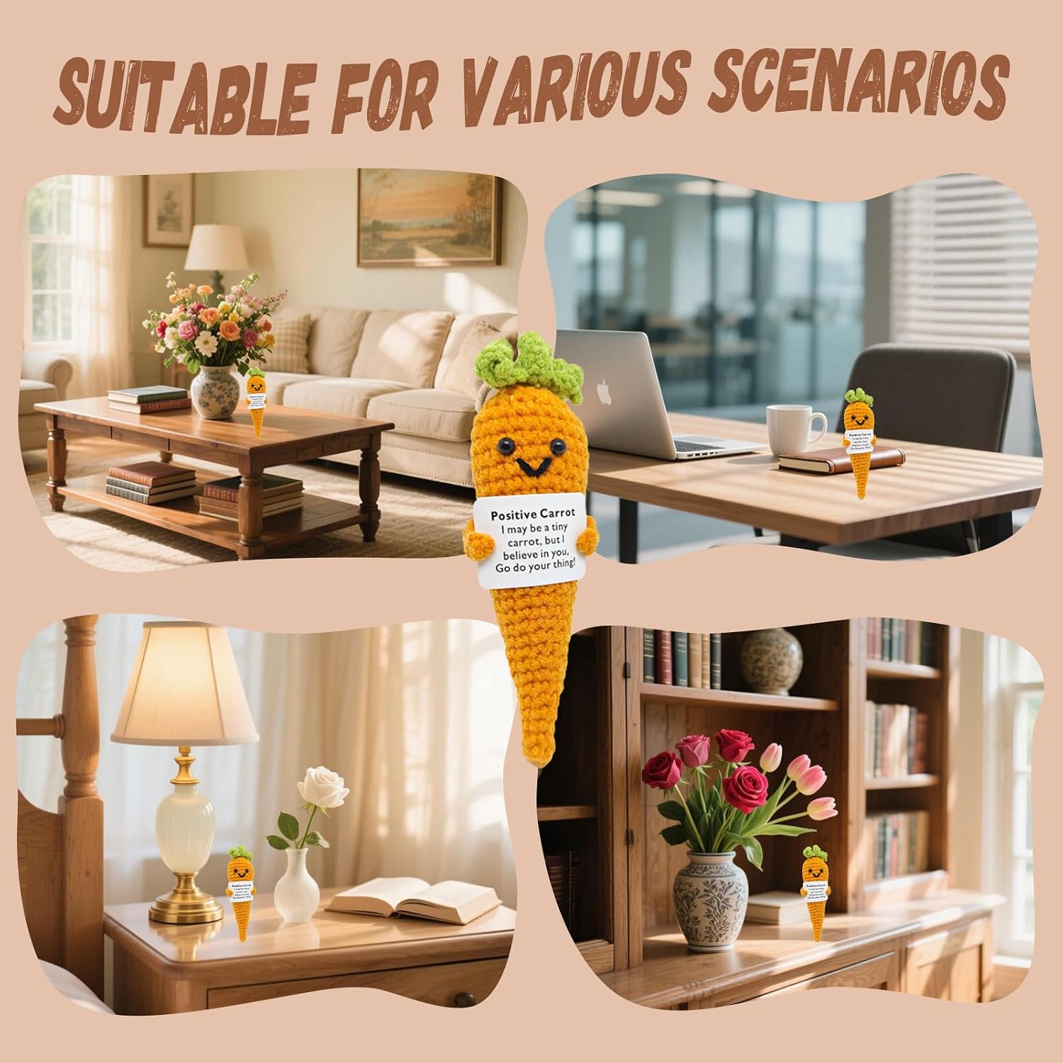 Funny Emotional Support Crochet Carrot Handmade Positive Crochet Carrot with Stand Stress Relief Gifts for Women Coworker Birthday AUTU-081227-Smiling Carrot image 5