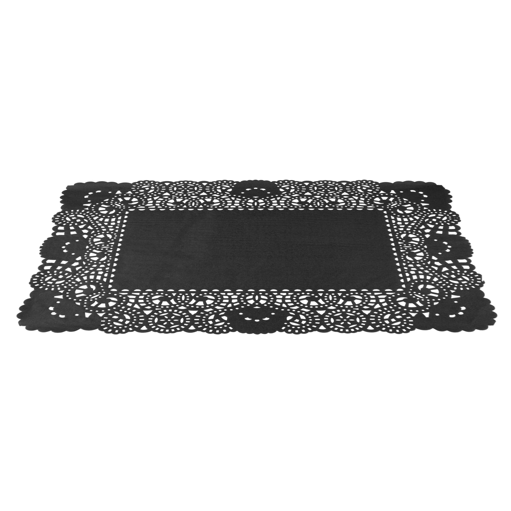 Restaurantware Pastry Tek - Tapetes de papel de encaje de 15.75 x 12 pulgadas, 100 tapetes rectangulares desechables para mesa, elegante acabado de encaje, de larga duración, papel negro, para