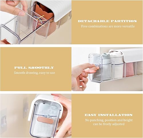 Miniatura 4 de Caja de almacenamiento de ropa interior montada en la pared, 3 piezas, caja de almacenamiento montada en la pared, 6 rejillas, transparente,