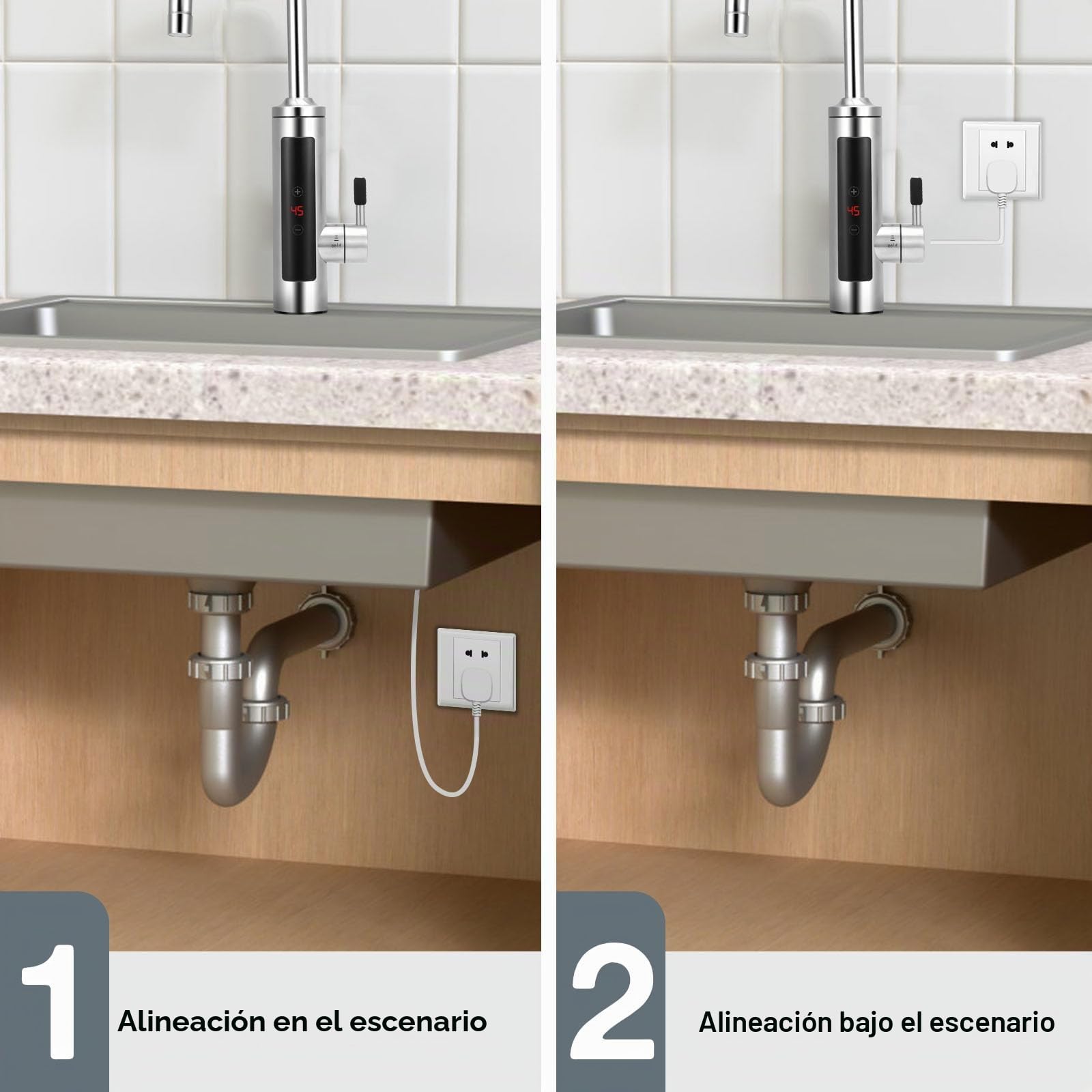 Grifo eléctrico con calentador de agua de 230 V, 3000 W, grifo eléctrico de acero inoxidable con indicador de temperatura LED, giratorio 360°, grifo de agua caliente con calentador de agua instantáneo