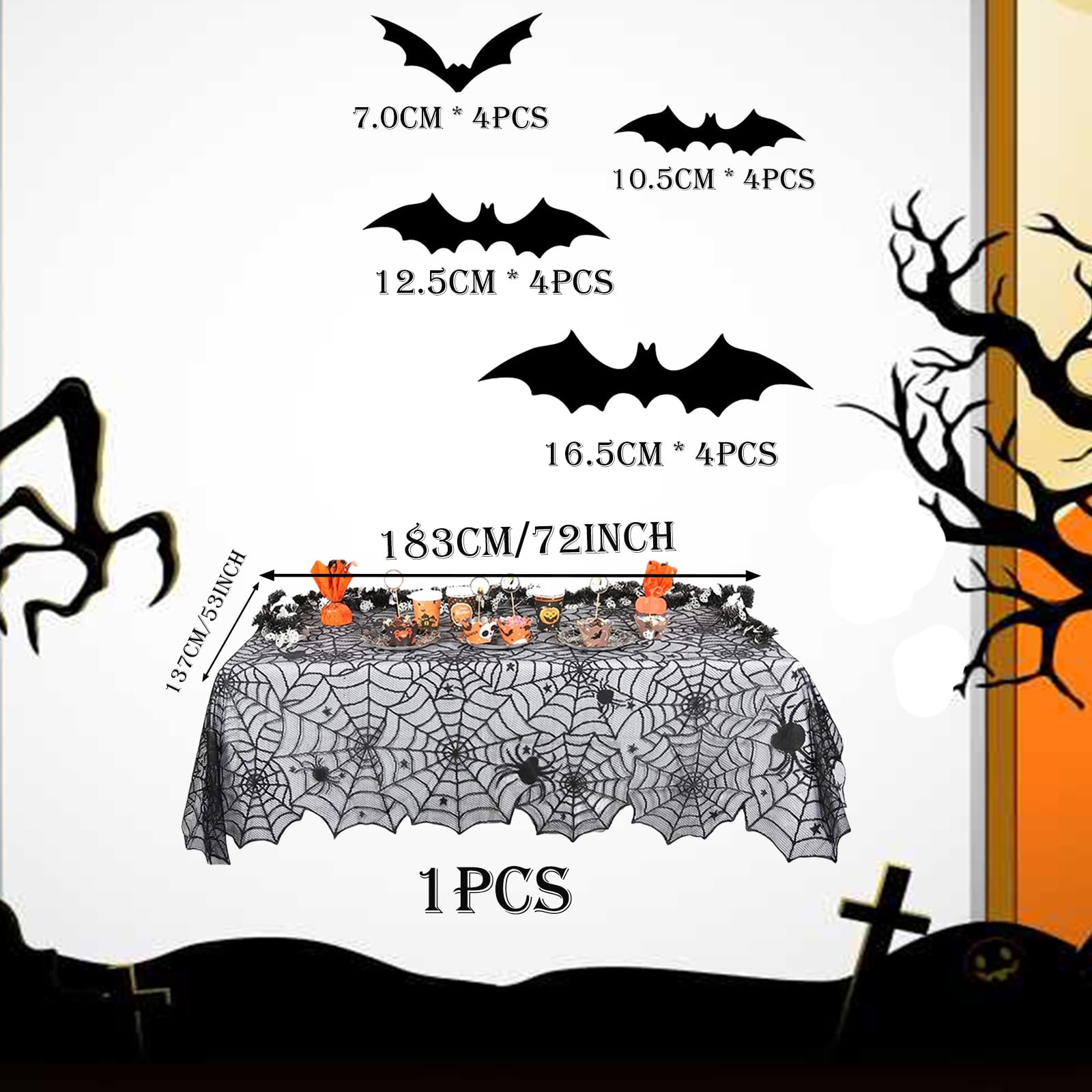 137*183cm Halloween Party Tablecloth Decoration with Bats Wall Sticker DIY 3D Decorative Bats 16 Pieces,Halloween Spider Web Table cloth for Halloween Decor Outdoor Yard Party House Props Decor - Image 2