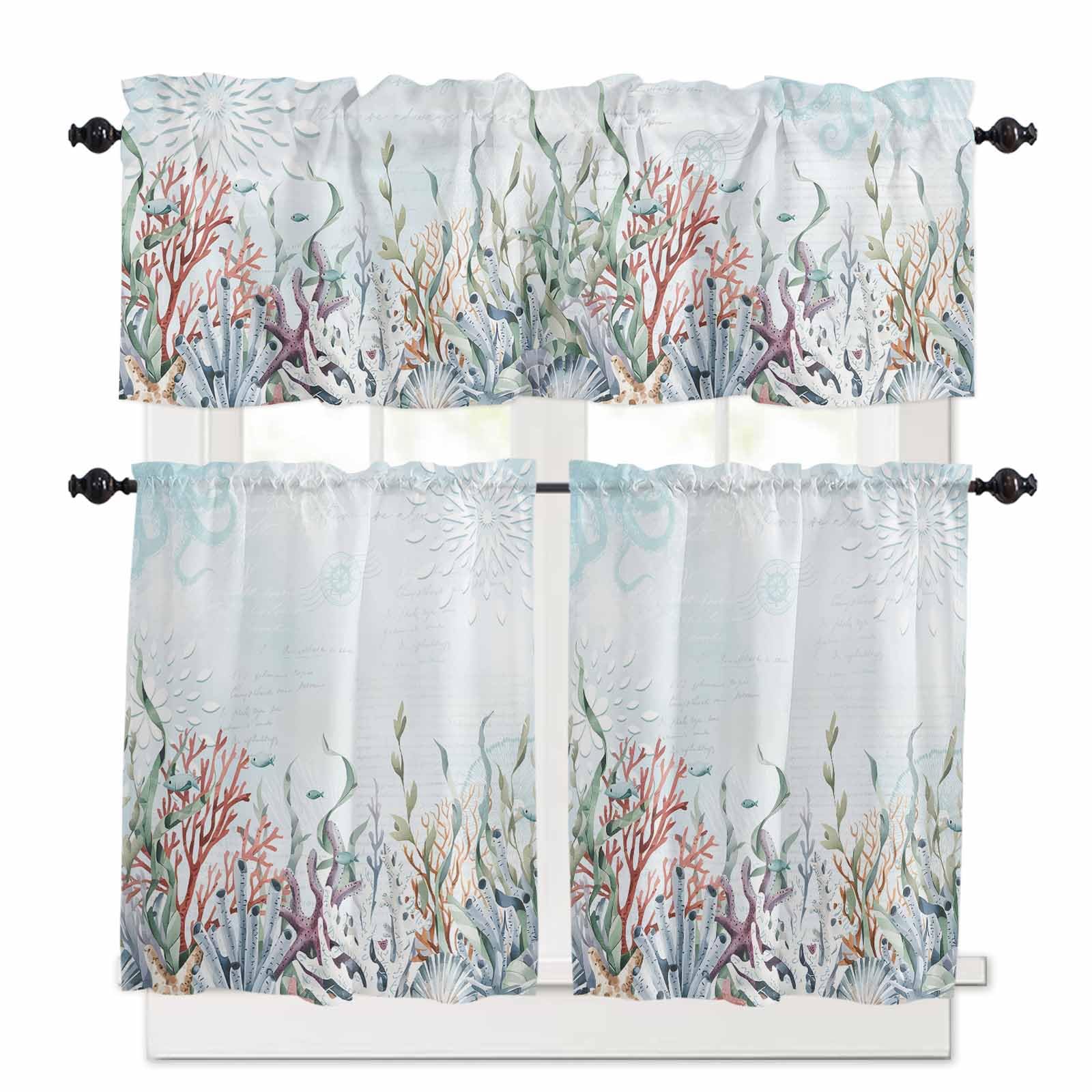 Coastal Kitchen Curtains 36 Inch Length, 3 Piece Rod Pocket Small Half Tiers and Valance Set, Blue Ocean Coral Starfish Seagrass Nautical Small Large Window Treatment Decor for Bedroom/Bathroom Sink