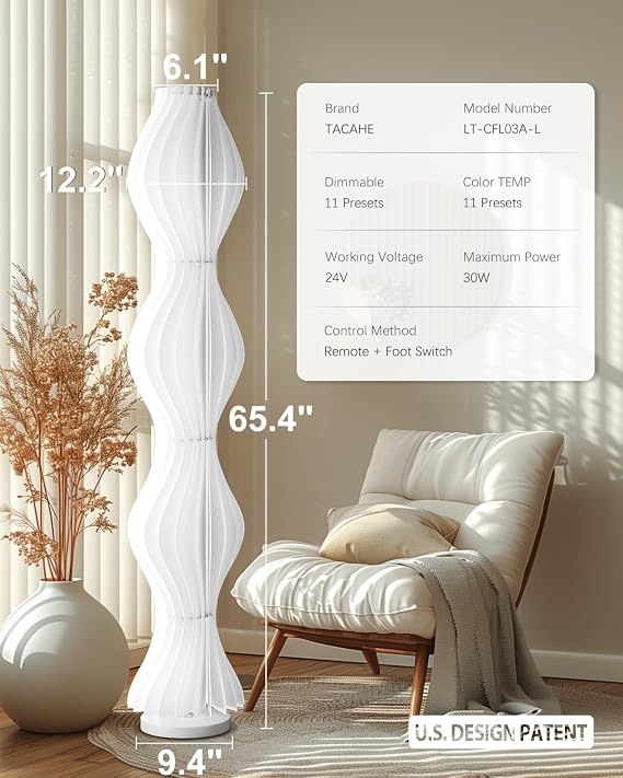 TACAHE Wave Skirt Floor Lamp - 3 Color Temp & Dimmable - Column Standing Floor Lamp with Foot Switch & Remote - 21 Sheets Lampshade - Modern Ambient Light for Living Room - 30W - 66
