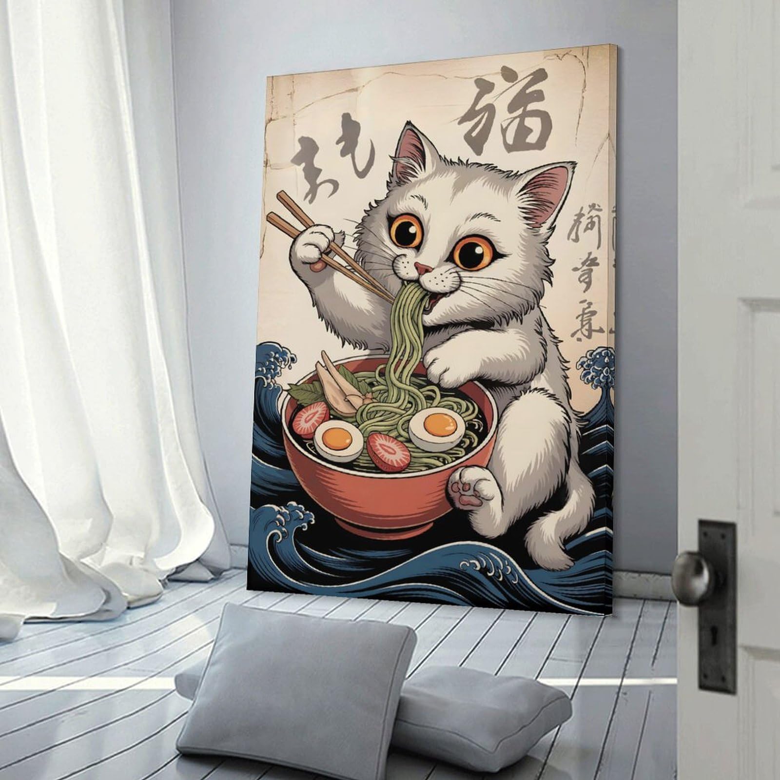 Junmoney Cat Eating Ramen with Chopsticks Art Room Decor Wall Art 08x12inch(20x30cm), for Art Walls, Layered Displays Or Homes, Wall Decor Suited to Curated Displays