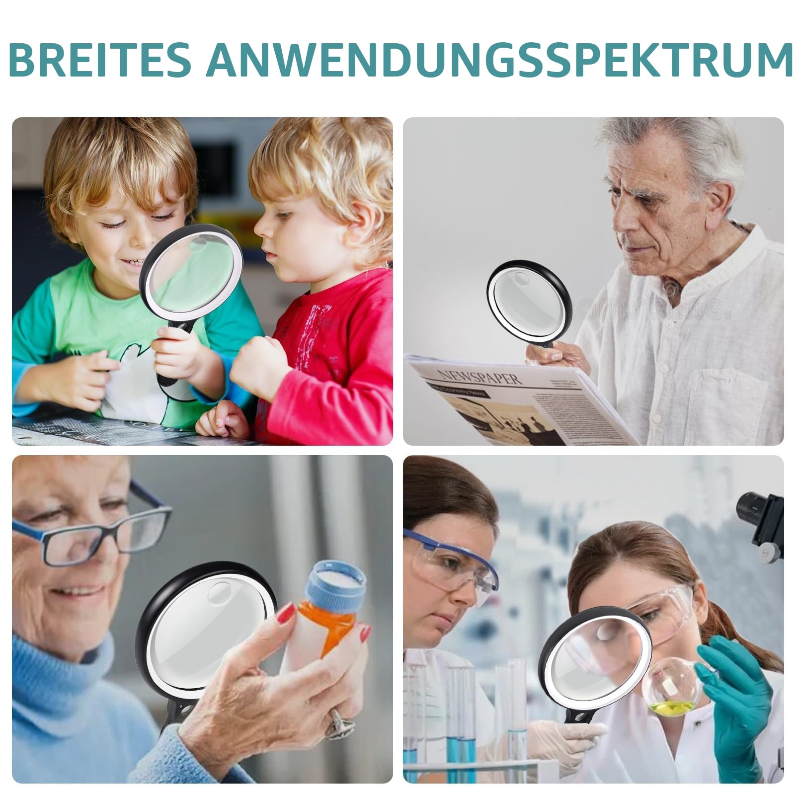 GABORISH Lupe mit Licht USB Aufladbar, 10X 20X 45X Vergrößerungsglas, 37 LED Beleuchtete Handlupe mit 3 Lichtmodi, Leselupe mit Licht für Senioren Groß (Weiß & Schwarz)
