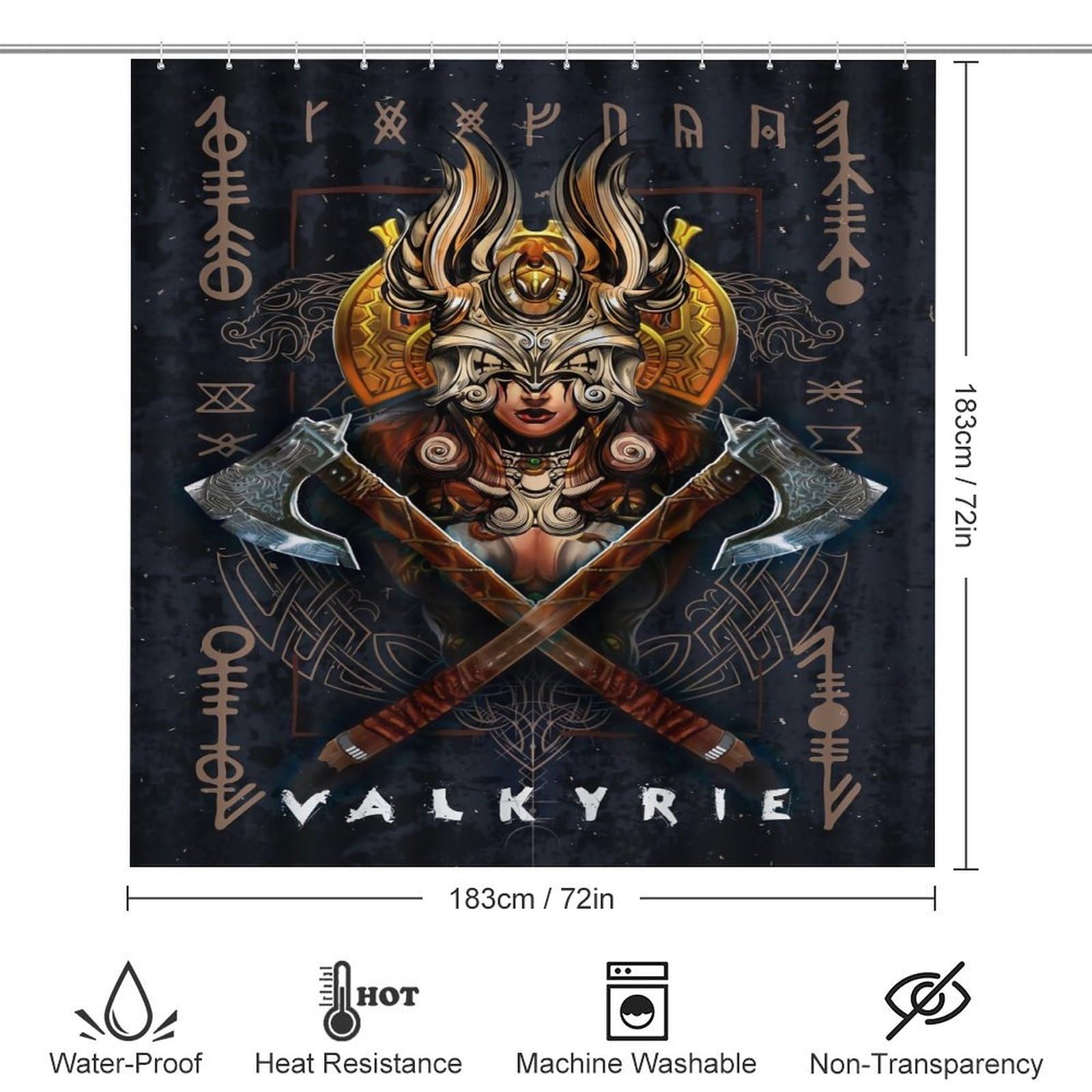 LDZDGD 4PCS Norse Viking Shower Curtain Set, Celtic Pagan Bathroom Art Decor, Waterproof Shower Curtain, Non-Slip Rugs, Toilet Lid Cover and Bath Mat (Color : Valkyrie, Size : 183 x 183CM): Valkyrie 28.3"W x 28.3"L (Pack of 1)