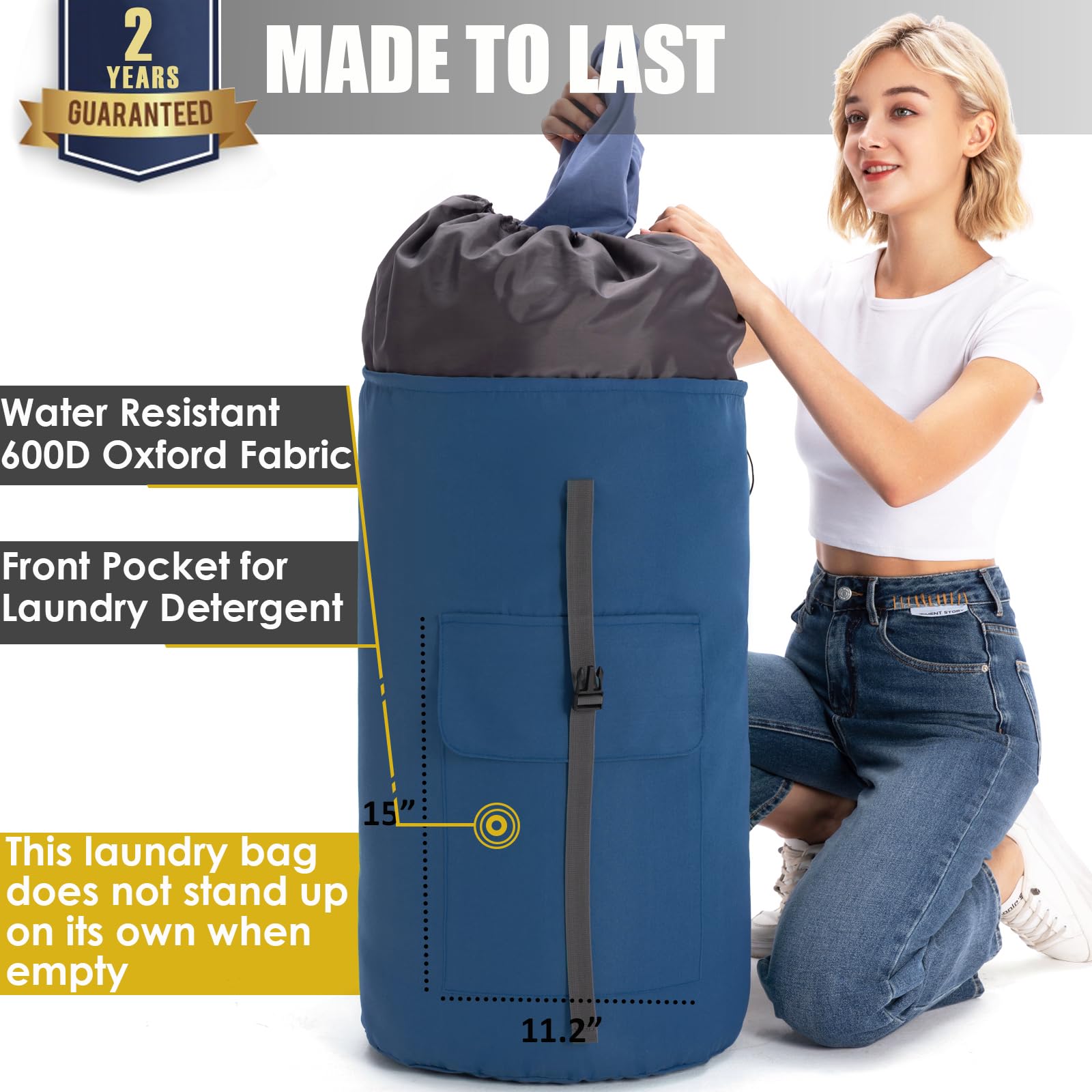 Borsa portabiancheria extra large resistente, 115 l, con tracolla imbottita, essenziale per ragazzi, borse per lavanderia blu navy per college, borsa per lavanderia XL, borsone per lavanderia per