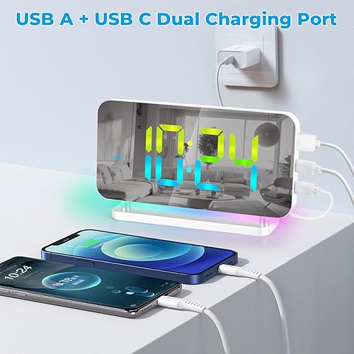 Miniatura 5 de Poeroa Reloj despertador digital, reloj de escritorio LED de 7.4 pulgadas con luz nocturna RGB, puerto de carga USB C, atenuación automática, reloj