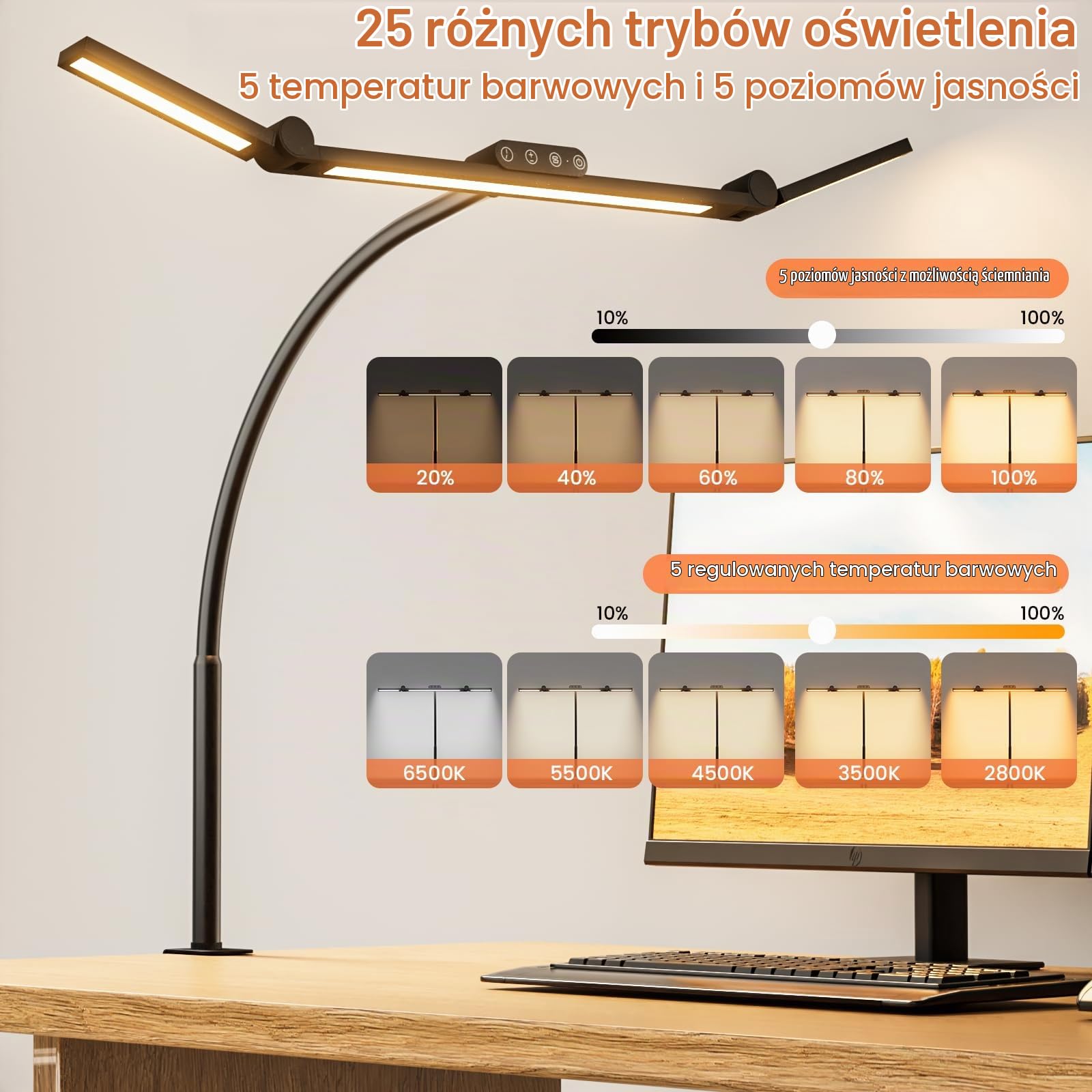 TYEE Lampa biurkowa LED, ściemniana, zaciskowa, lampa architektowa z wychylnym ramieniem, funkcja pamięci i złącze USB, 3 temperatury barwowe i 10 poziomów jasności do czytania,Czarny