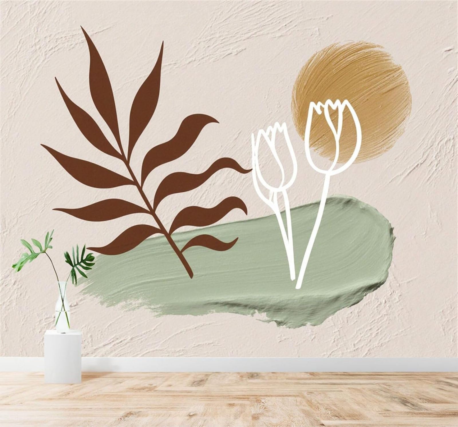 XLMING Leaves Sunlight Green Tulips Lines Art 3D Wallpaper Silky Texture Home Study Office Grey Dining Room Sofa Bedroom Living Room TV Backdrop-400cm×280cm