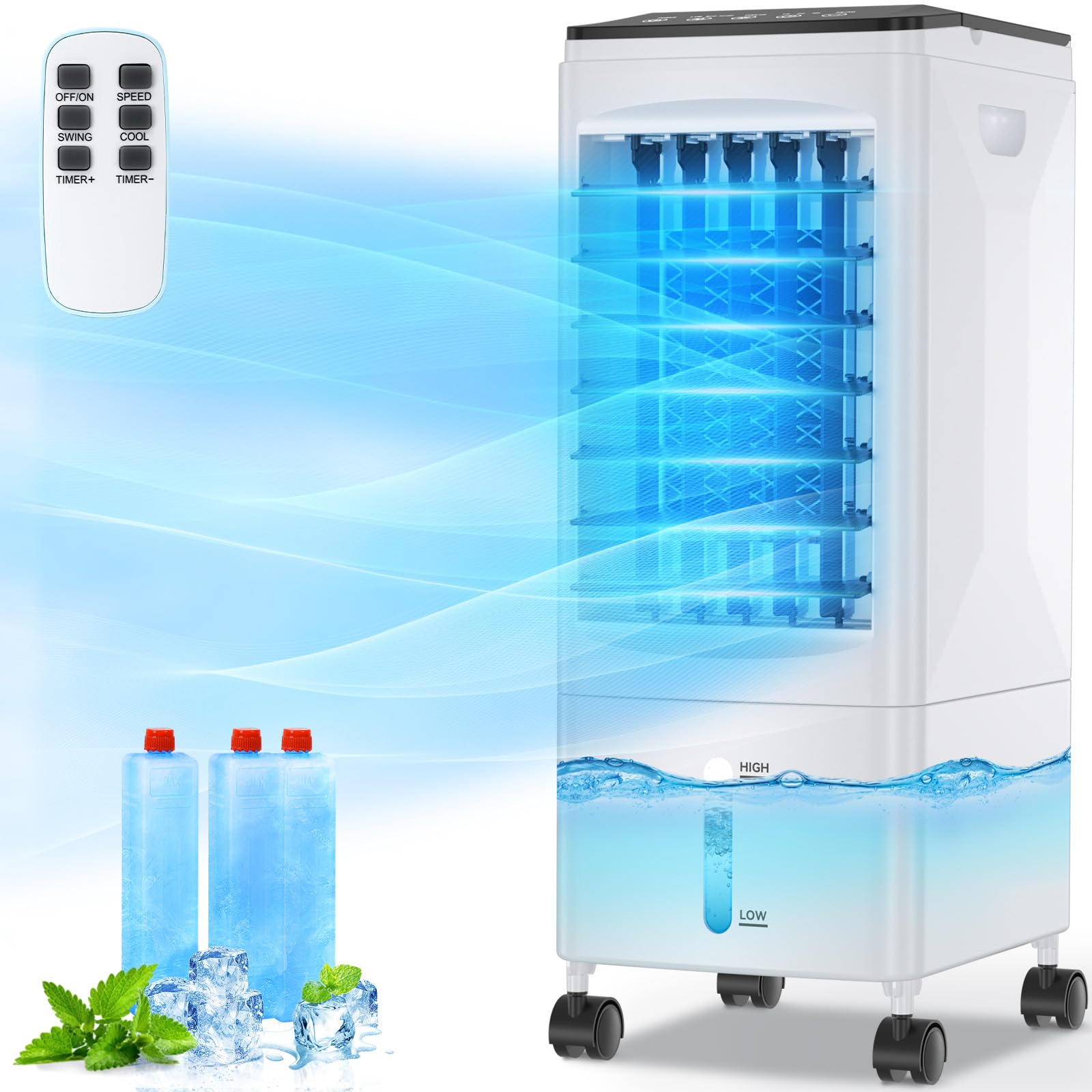 Climatiseur Mobile Silencieux, Refroidisseur d'air 5.5L Climatiseurs Portables Économie d'énergie Ventilateur Humidificateur avec 3 Vitesses, Télécommande, 1-7H Minuterie, pour Maison Bureau Chambre