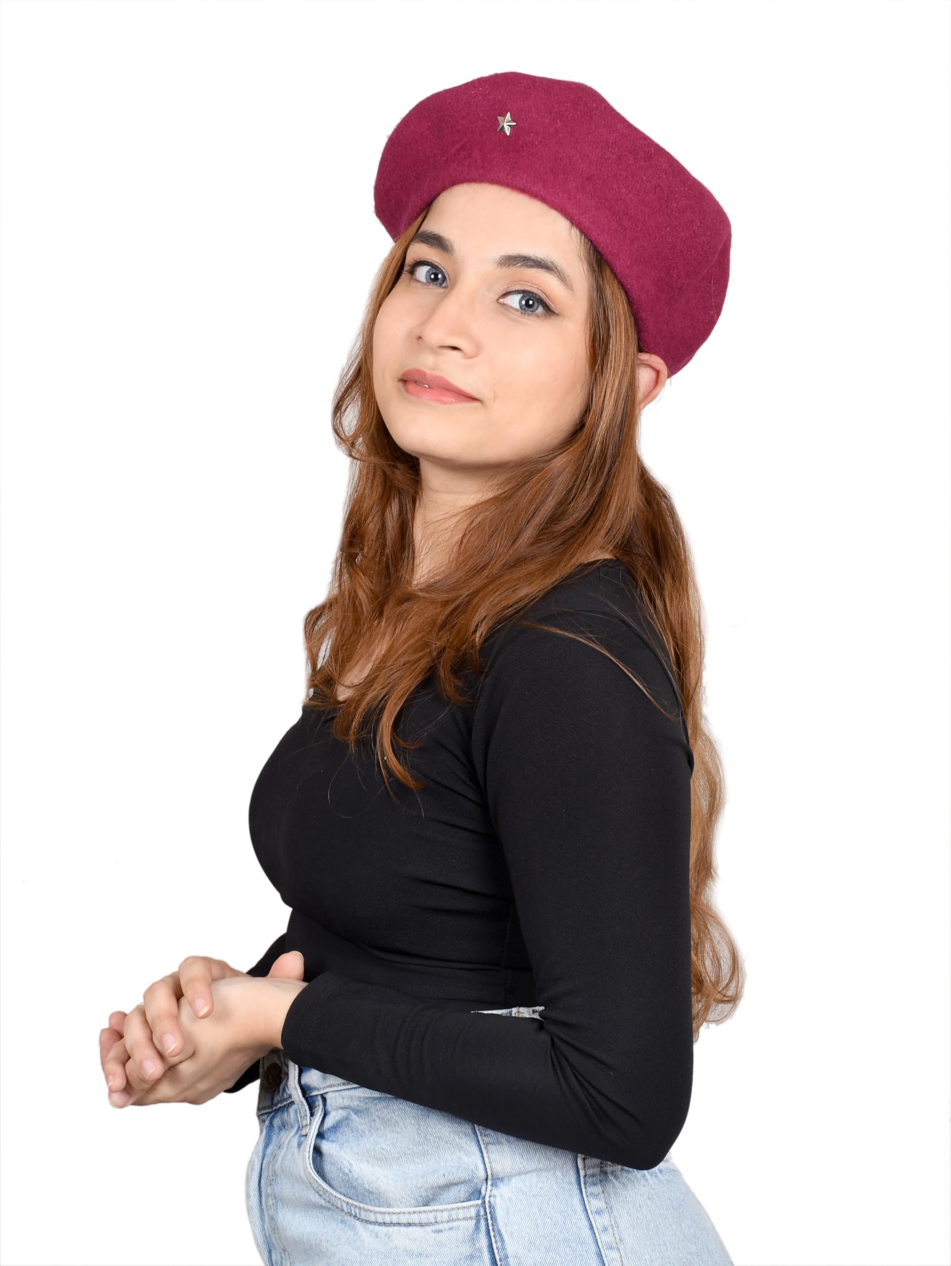 SOUL eTHICS Women's Premium Wool Blend French Artist Beret Cap - Stylish, Warm & Classic - Elegant Winter Beanie Hat for Girls & Ladies -Free Size (in, Alpha, Free Size, Dark Pink, Star) - Image 6 thumbnail