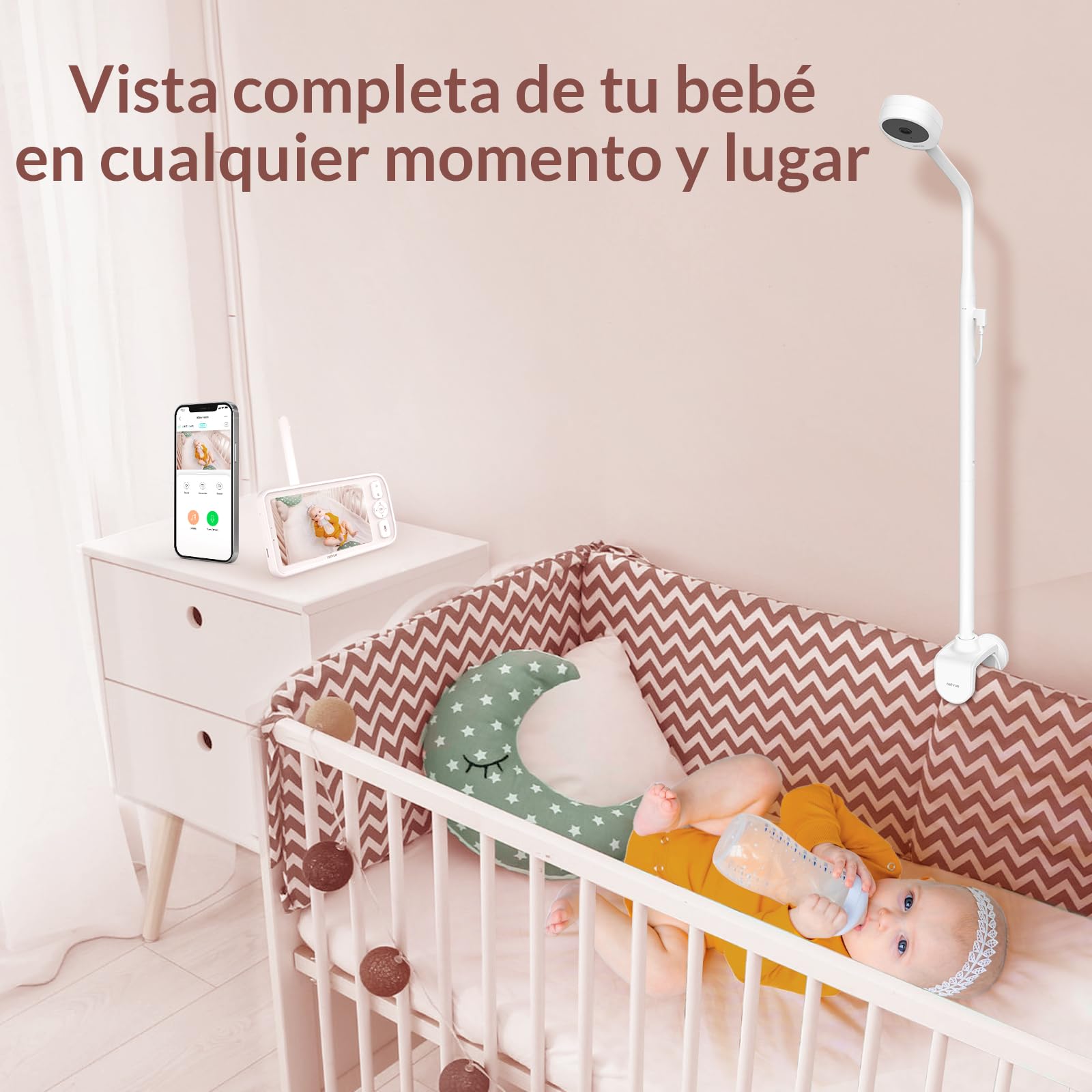 NETVUE Camara Vigilancia Bebe con Soporte 4 en 1, Inalámbrico 5000mAh 5" Vigilabebes con Camara, Baby Monitor con App, Visión Nocturna, Audio Bidireccional, VOX, Detección de llanto, sin WiFi