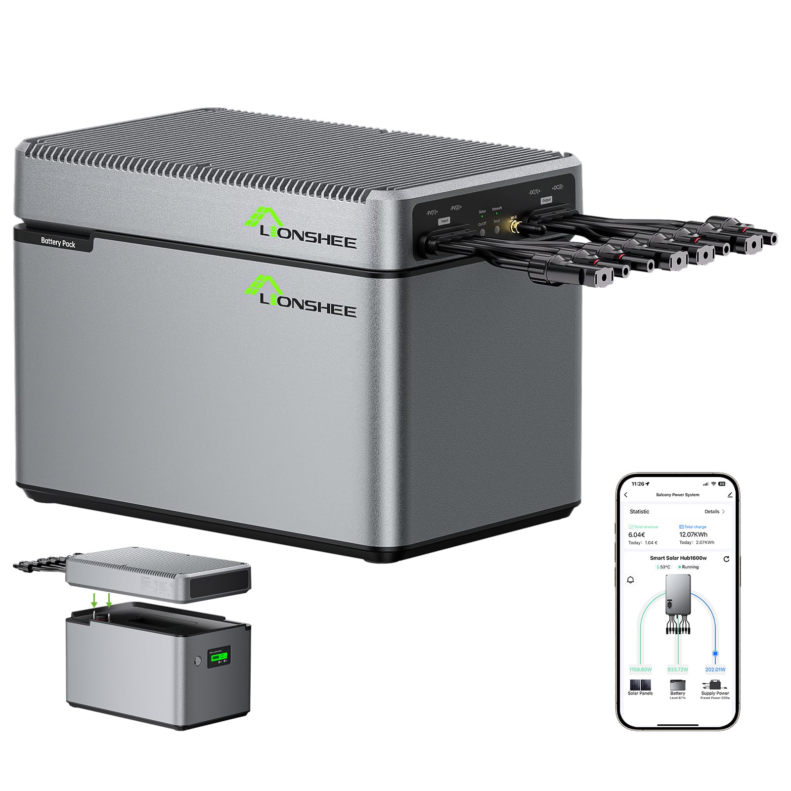 Balkonkraftwerk mit Speicher, PV-HUB EMS Speichersystem, 1600W PV-Eingangsleistung (2×800W), 1024Wh LiFePO4 Batterien, 2 MPPT Controller, App Steuerung (Wi-Fi/BT), IP65, Plug & Play