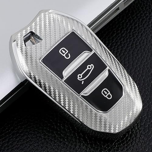 Miniatura 3 de HIBEYO Funda para llavero de coche con textura de fibra de carbono TPU con llavero se adapta a Peugeot Citroen Picasso, funda de 3 botones, plateado