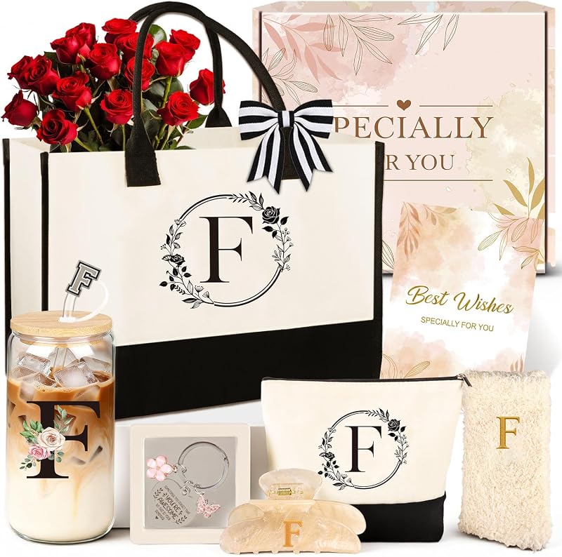 Conjunto de presente Giftota com inicial F, 9 peças, bolsa de lona, nécessaire de maquiagem, copo de vidro e acessórios