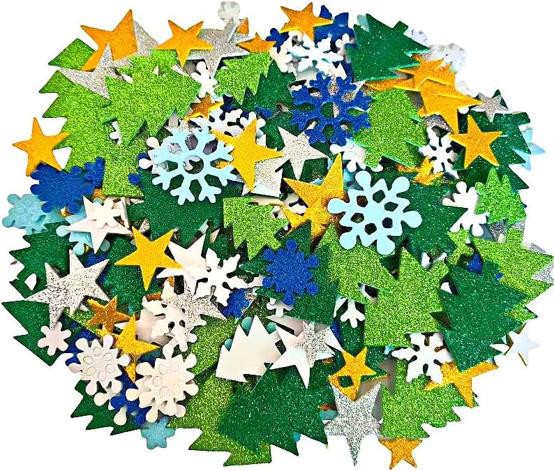 150Pcs Christmas Glitter Foam Stickers Set – Sparkly Stars, Snowf...