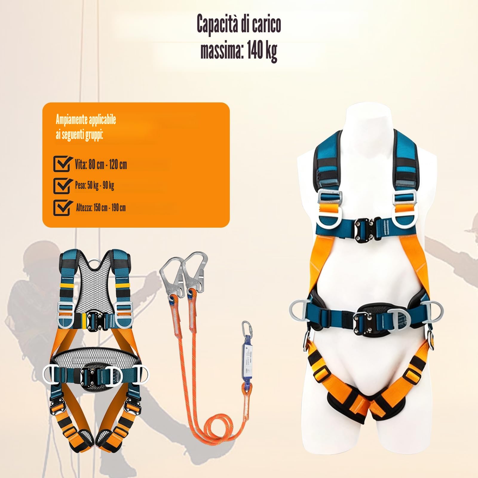 Imbracatura di sicurezza anticaduta completa con doppia corda con assorbitore, 140 kg, imbottitura traspirante, fibbie rapide, cintura sicurezza per tetti, arrampicata, edilizia, lavori in quota, uomo