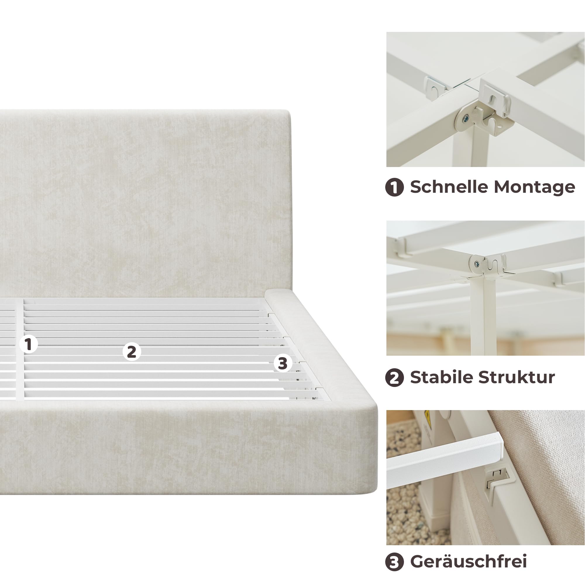 RECCI Polsterbett 160x200 cm, Weiches Schaumstoff-Bettgestell mit Ergonomischem Kopfteil, Vollgepolstertes Cloud-Design, Ohne Boxspring, Einfache Montage (Beige)