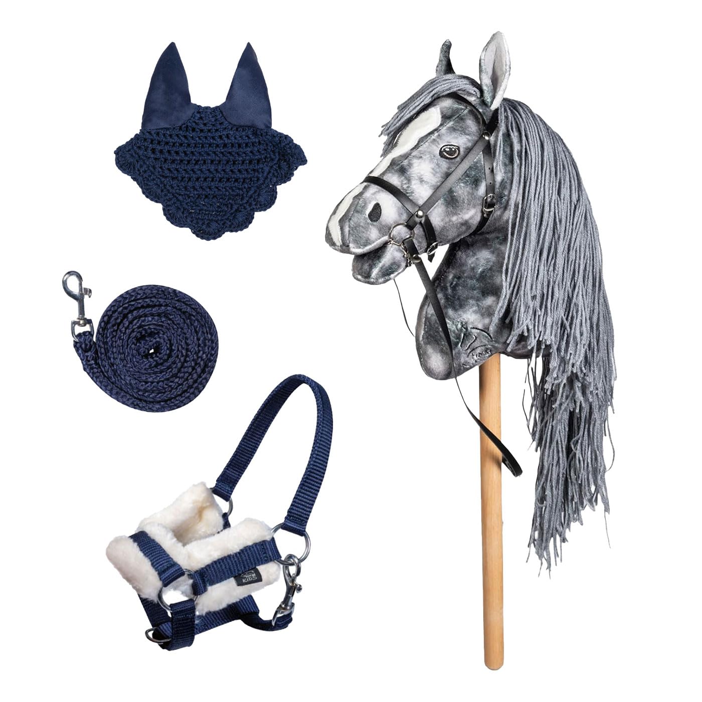 HKM Kids Hobby Horse Clara grau marmoriert + Halfter & Führstrick in Blau – Steckenpferd| Holly & Claire - Set für Kinder – Austauschbares Halfter, Hochwertige Verarbeitung