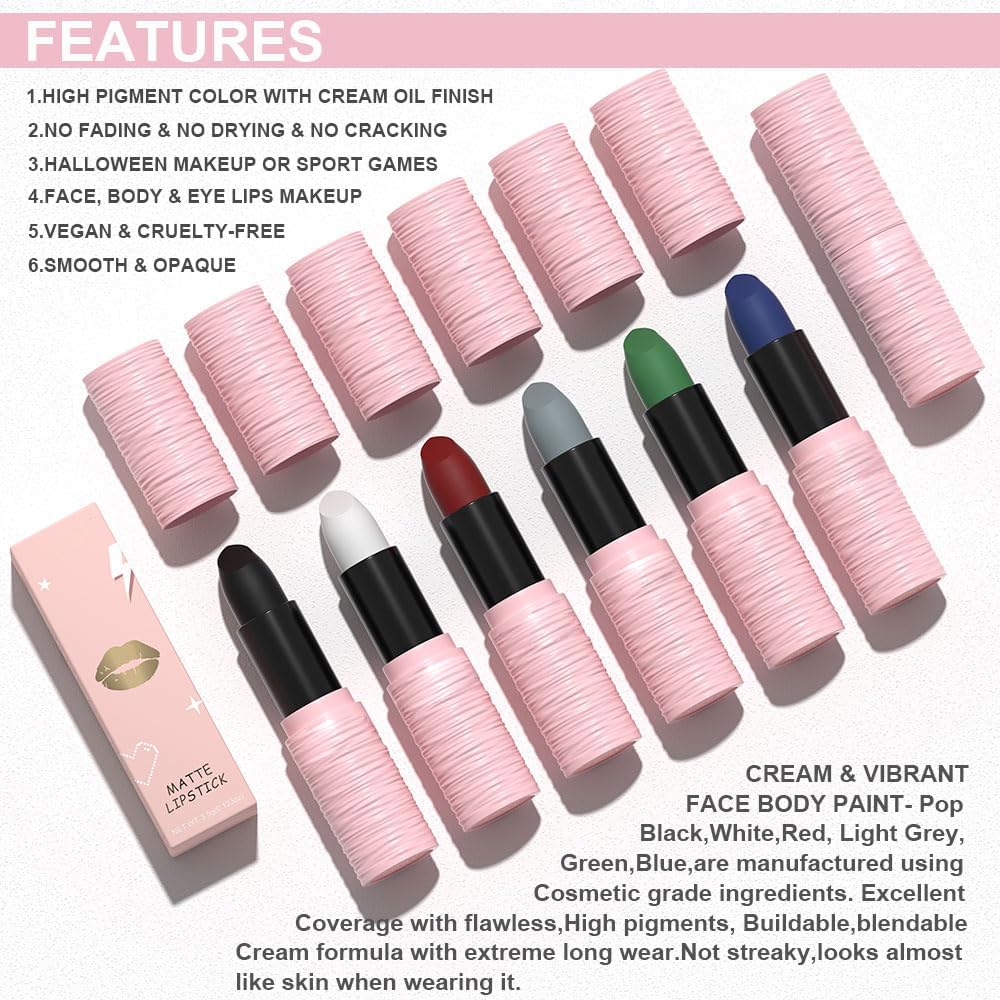 Lápiz labial mate para festival, tinte de labios blanco, brillo de labios en barra de pintura facial sedoso de alto pigmento, terciopelo suave, impermeable, blanco, negro, verde, azul, brillo 4