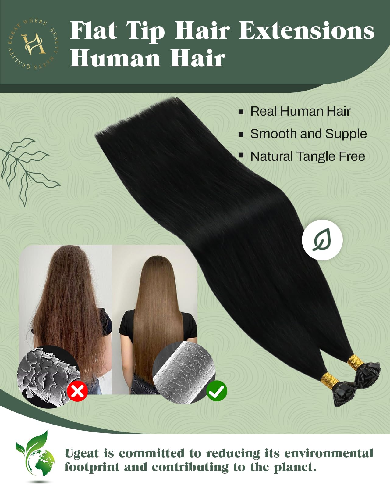 Ugeat Black Flat Tip Hair Extensions Real Human Hair Black Keratin Hair Extensions Real Human Hair Add Volume and Length 16 Inch 50G 50S - Image 3