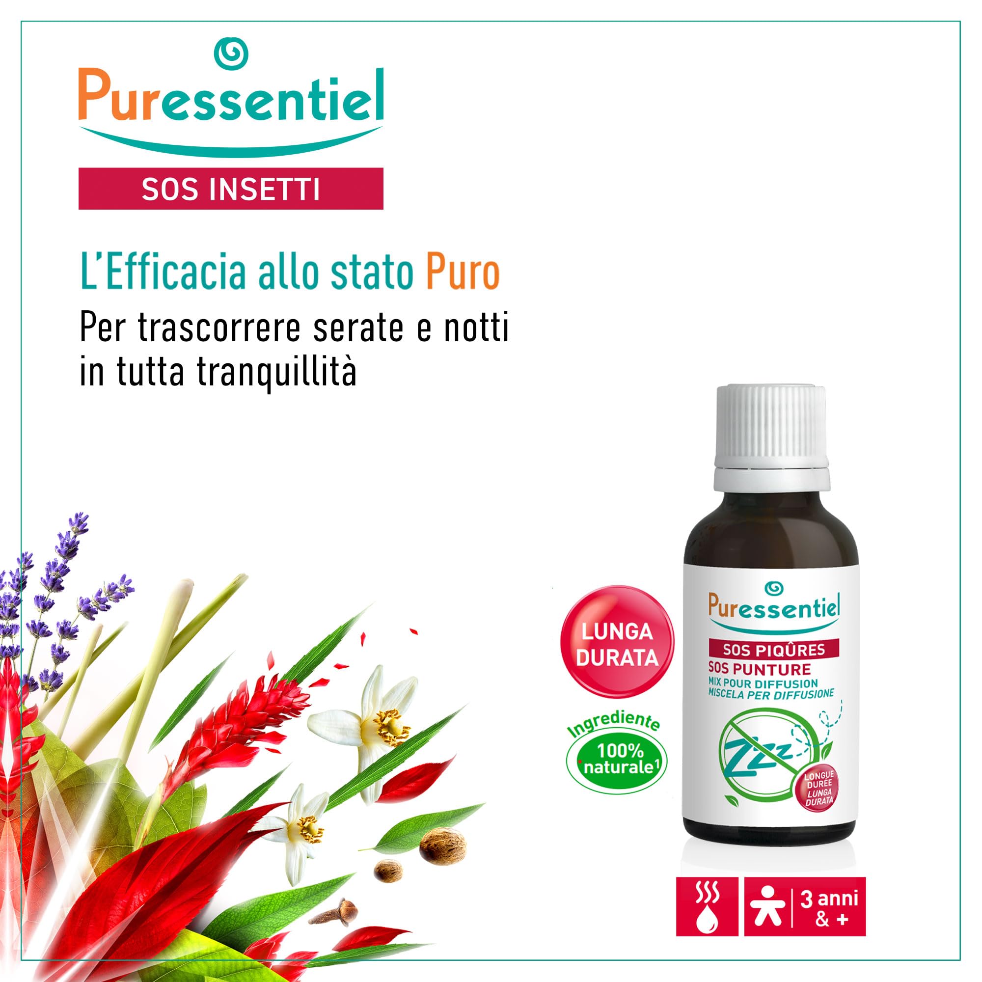 Puressentiel – SOS PUNTURE – Oli Essenziali per Diffusione – 100% puri e naturali – Sgraditi alle zanzare – Lunga durata – Profumo piacevole e duraturo – Ideale per serate estive – 30 ml