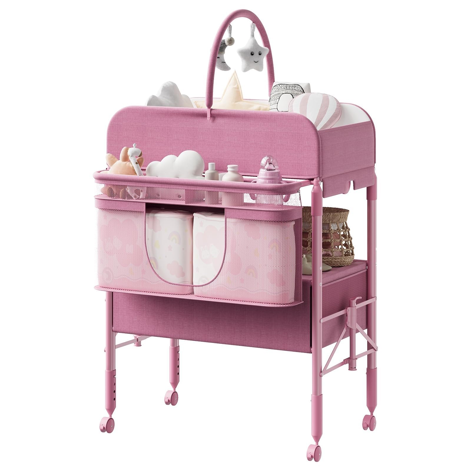 Table à langer anti mal de dos réglable pliable rose pour bébé - 8