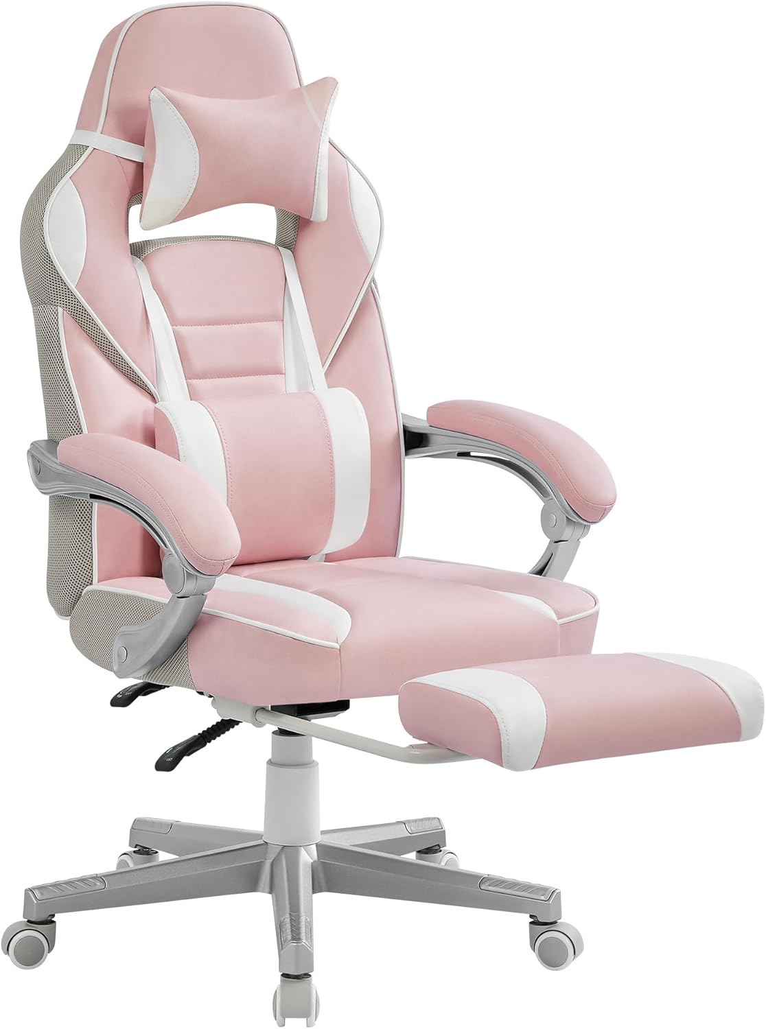 SONGMICS Racing Gaming Chair, Adjustable Office Chair with Footrest, Ergonomic Design, Headrest, Lumbar Support, 150 kg Weight Capacity, Jelly Pink and Cream White OBG073P11 SONGMICS Racing Gaming Chair, Adjustable Office Chair with Footrest, Ergonomic Design, Headrest, Lumbar Support, 150 kg Weight Capacity, Jelly Pink and Cream White OBG073P11