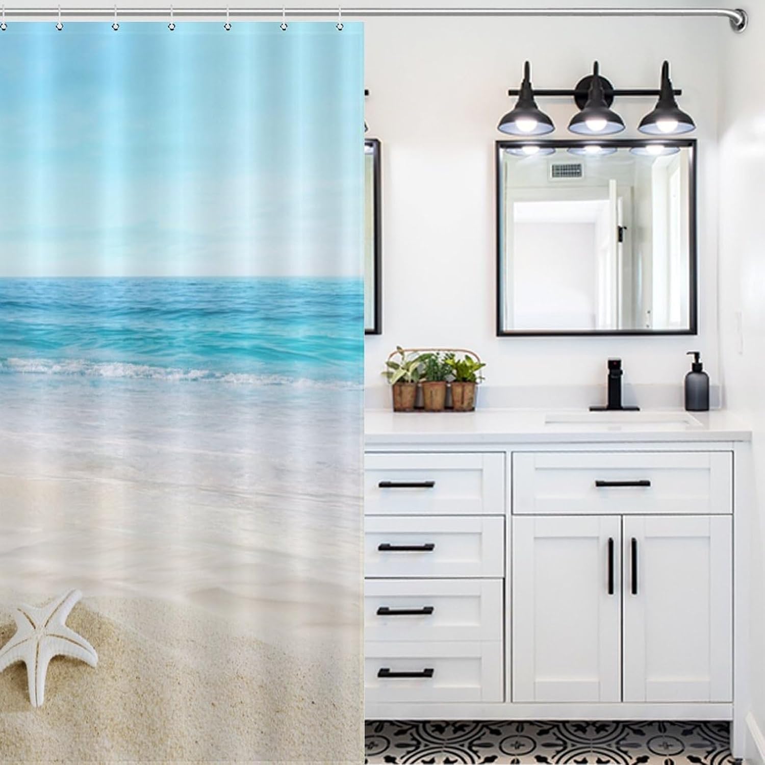Ocean Shower Curtains,Hot Summer Beach Seaside Scenery Starfish Shells Nautical Sea Life Print for Bathroom Home Decor Set with 12 Pack Plastic Hooks 66x72Inch (168x183cm)