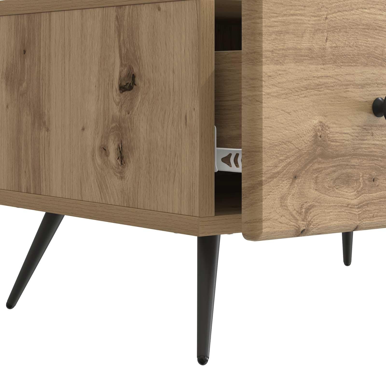 Hothingwell Szafka pod telewizor 147 x 34,5 x 30 cm dąb rzemieślniczy drewno inżynieryjne | Nowoczesny design, półki i szuflady, przechowywanie DVD, uchwyt na ekran, wymagany montaż