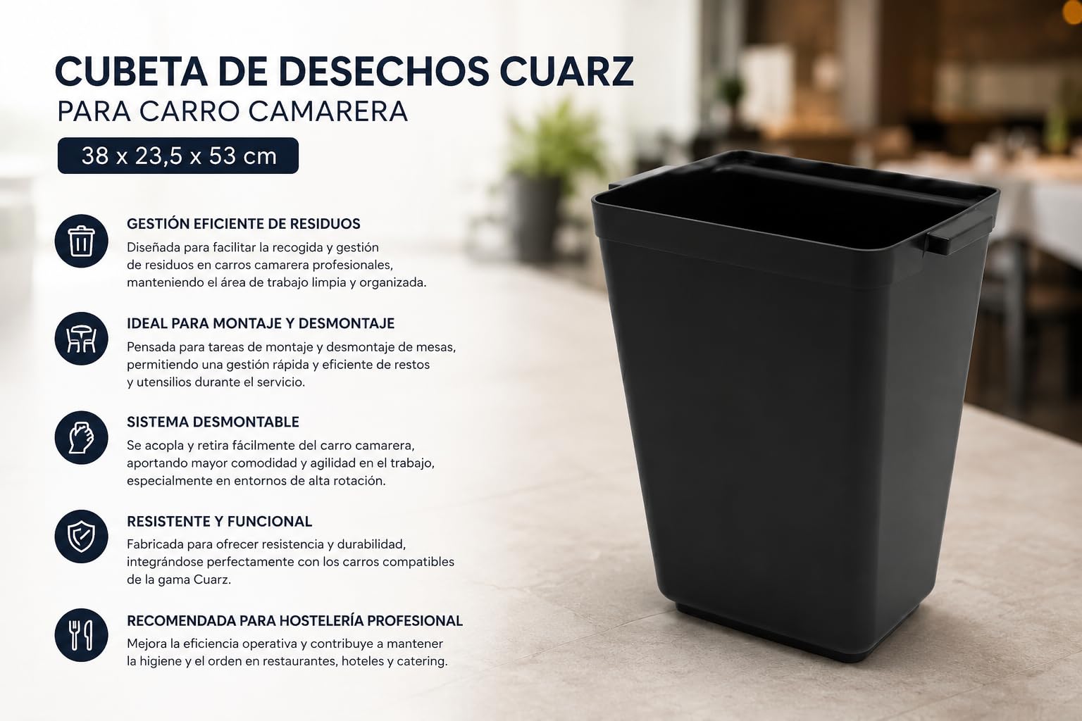 Cubeta de Desechos Cuarz para Carro Camarera, 38x23,5x53 cm | Accesorio Desmontable, Para Residuos y Utensilios, Hostelería Profesional