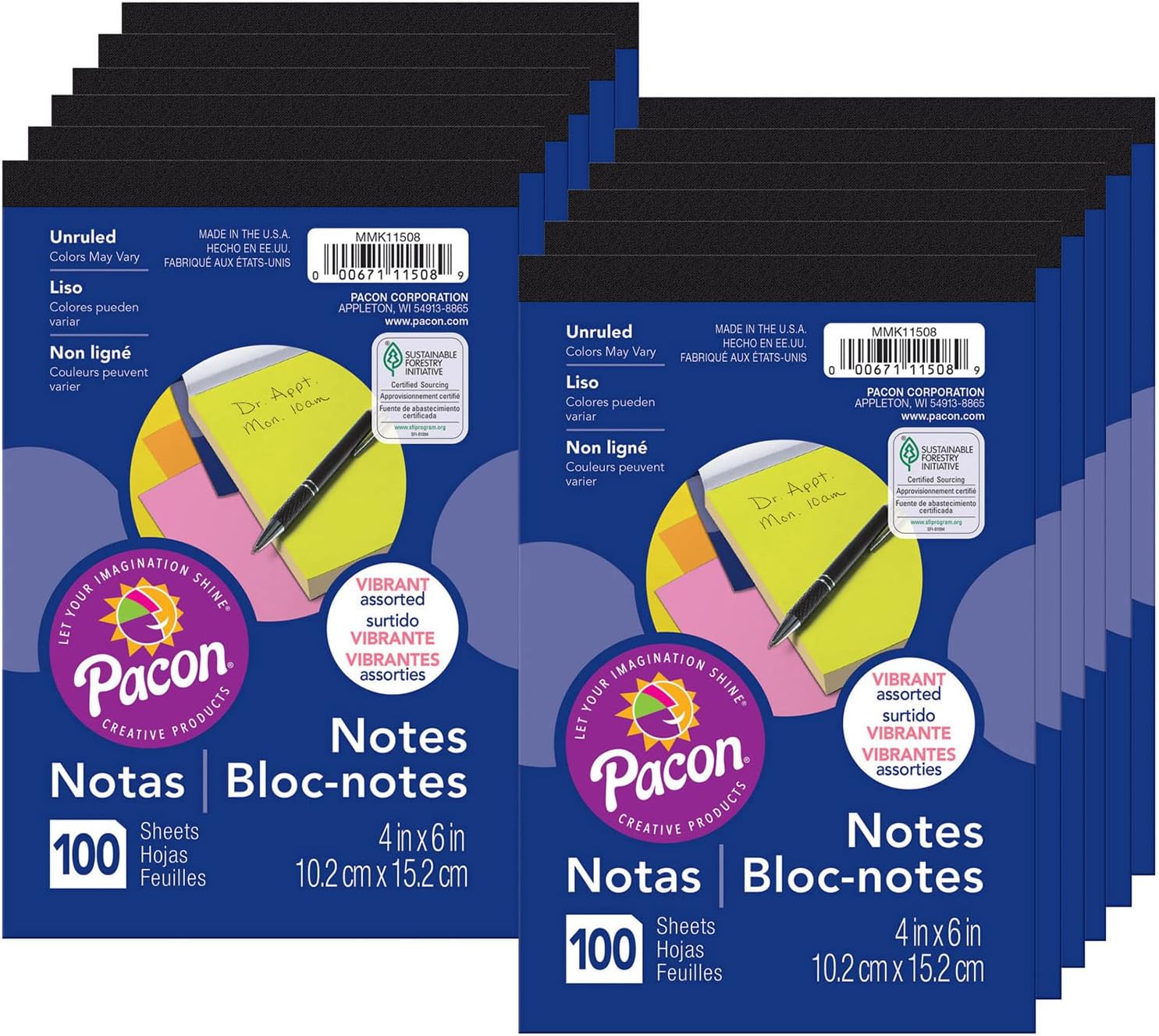 Pacon Note Pad, 5 Vibrant Assorted Colors, 4" x 6", 100