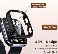 Vista 2 de EWUONU Paquete de 2 fundas compatibles con Amazfit Bip 6, protector de pantalla de vidrio templado con cubierta de policarbonato duro, a prueba