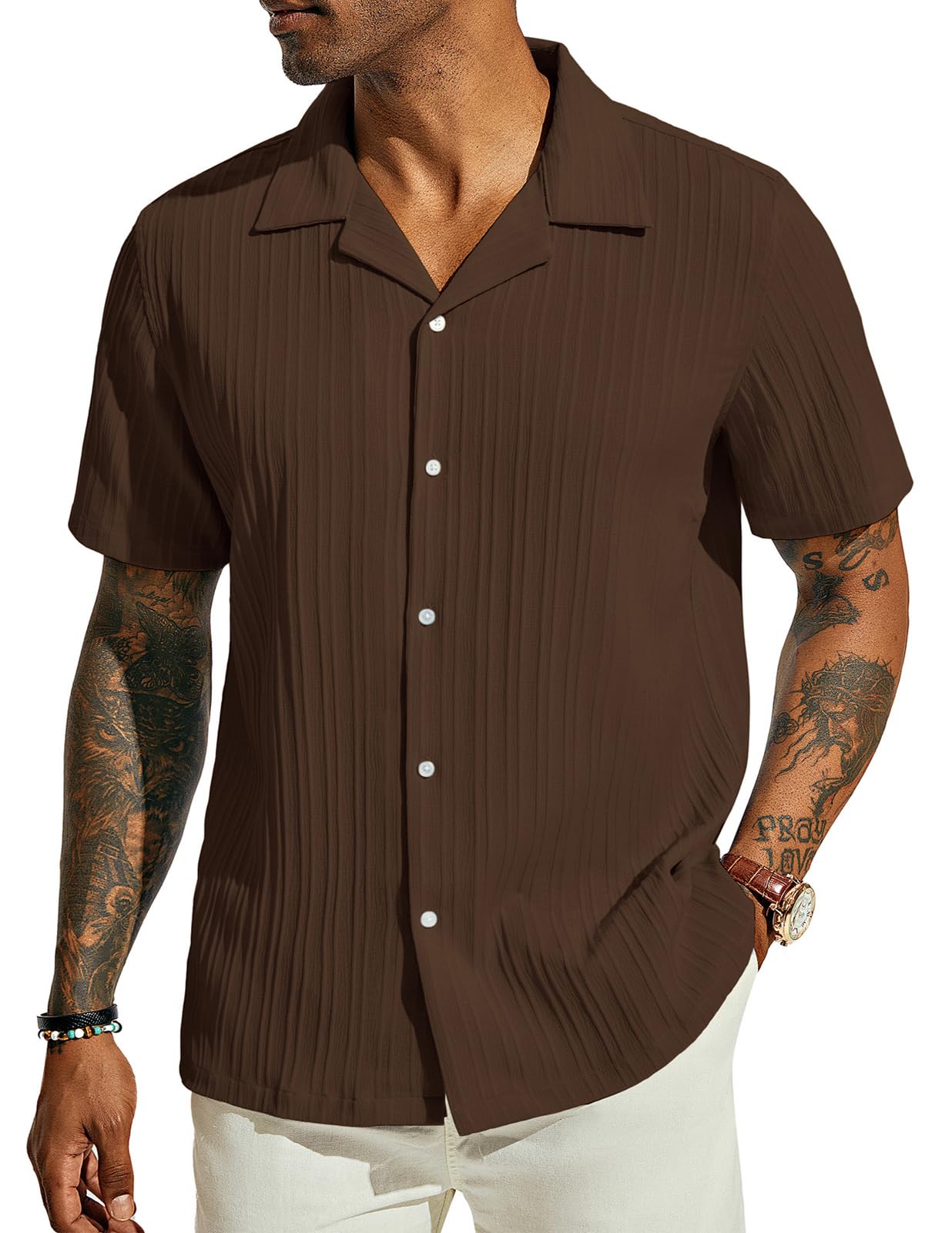 PJ PAUL JONES Mens Casual Button Down Shirts - Short Sleeve Summer Textured Beach Wrinkle-Free Shirts