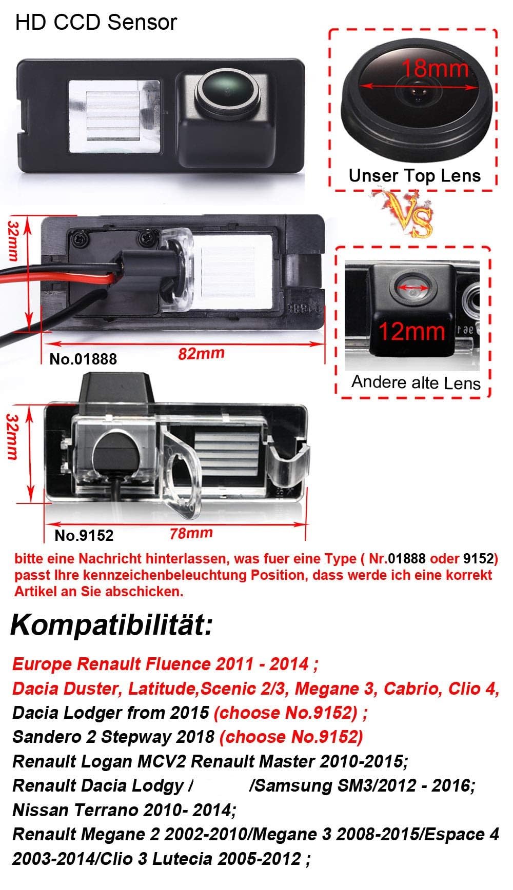 Coche cámara de visión Trasera con visión Nocturna para Fluence/Dacia Duster/Dacia Lodger/Sandero 2 Stepway/Latitude/Megane 3/Cabrio/Terrano