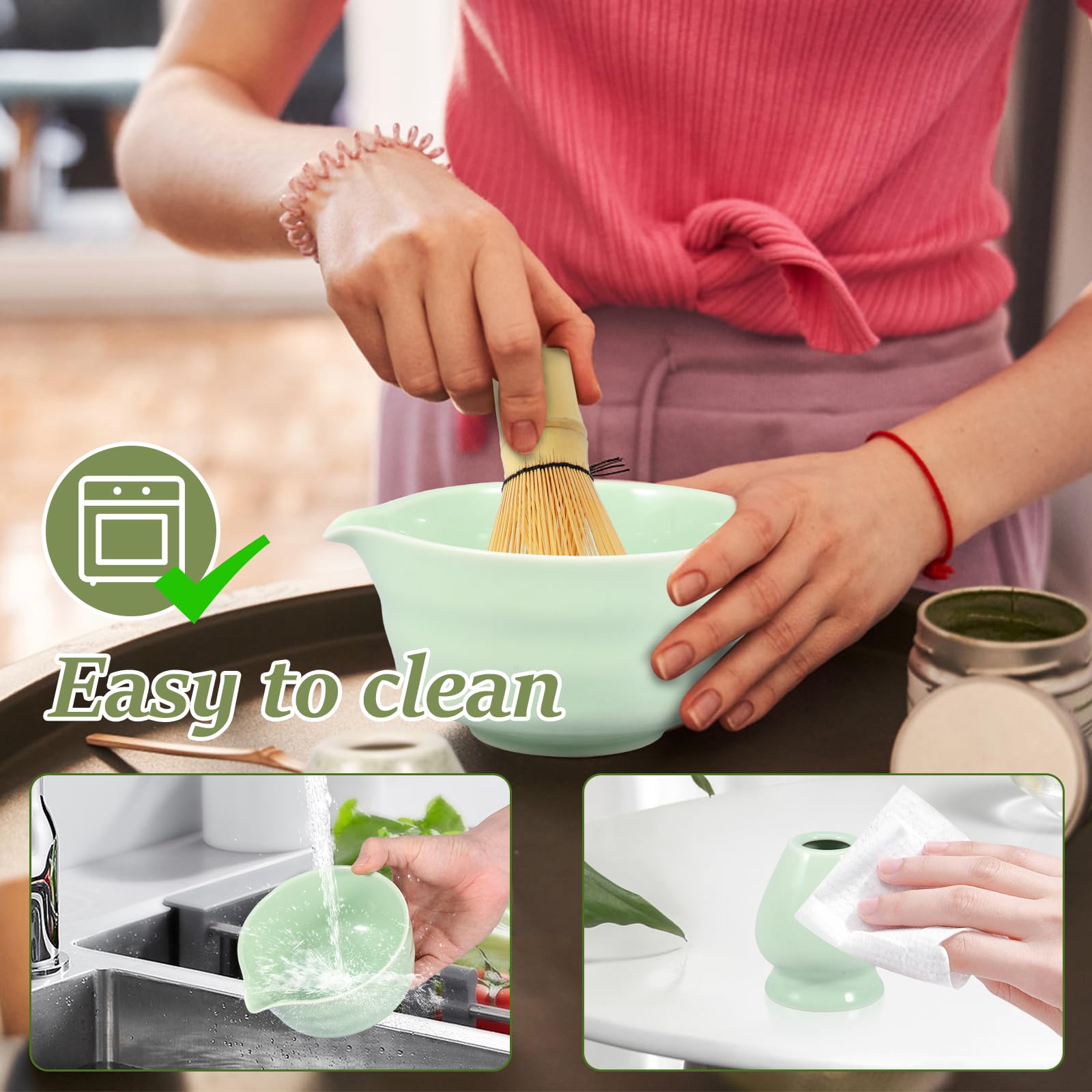 japońska miska do matchy z ceramiki z uchwytem, Chawan, 500 ml, łatwa dostawa do trzepaczki, dla początkujących, miłośników DIY (zielona)