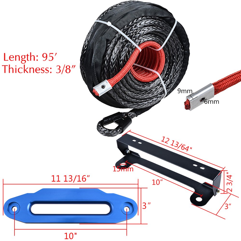 amopacorp Black 95 feet x 3/8 inch Synthetic Winch Rope Guard and 10 inch Blue Hawse Fairlead with 254mm Flip-Up License Plate Holder Kit