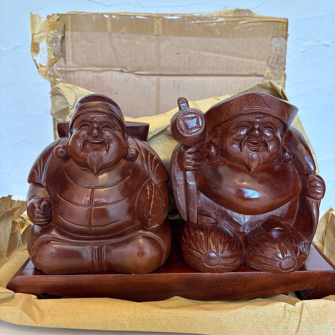 Amazon.co.jp: 木彫り 七福神 大黒天 恵比寿 置物 台座付き : ホビー