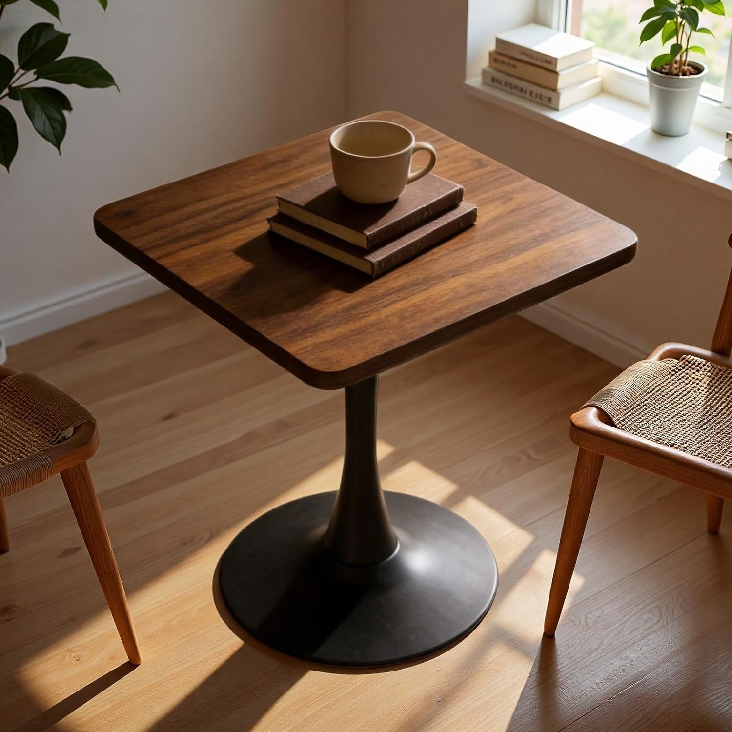 23.6" Square Dining Table, Modern Tulip Pedestal Table with Smooth MDF Square Tabletop & Metal Base, 2-4 Seater Compact Coffee Table for Small Kitchen, Leisure Table for Breakfast Nook, Walnut