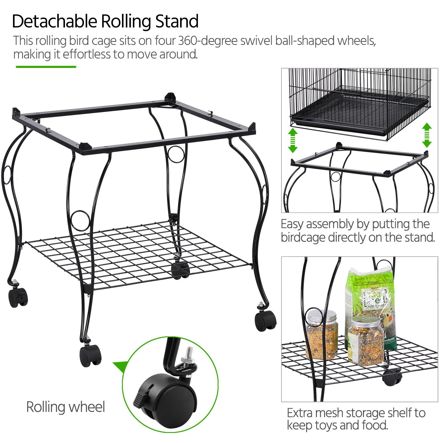 Yaheetech Gabbia Voliera per Uccelli Pappagalli con Carrello e Tetto Apribile in Metallo e Legno Nero 59 x 59 x 150 cm