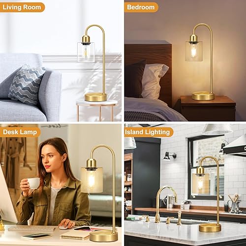 Miniatura 6 de Juego de 2 lámparas de mesa industriales doradas  Juego de 2 lámparas de escritorio táctiles regulables de 3 vías con puertos USB C+A, lámpara de