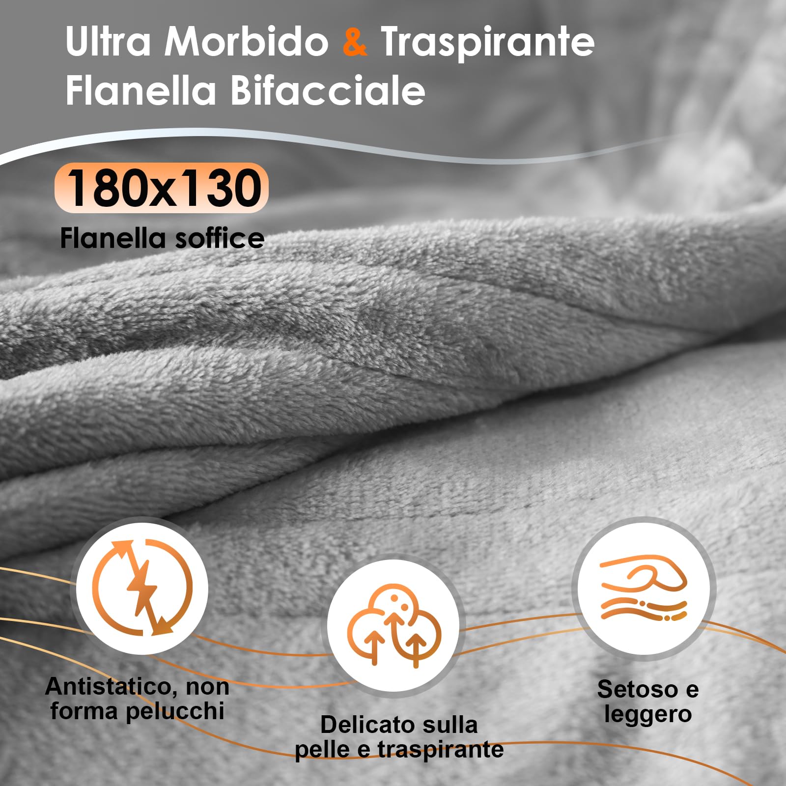 Coperta Termica 180x130 cm in Flanella, Coperta Riscaldante Elettrica con 9 Livelli & Timer 1-10H, Lavabile, Riscaldamento Rapido 150W, Morbida e Confortevole per 1-2 Persone Flanella soffice