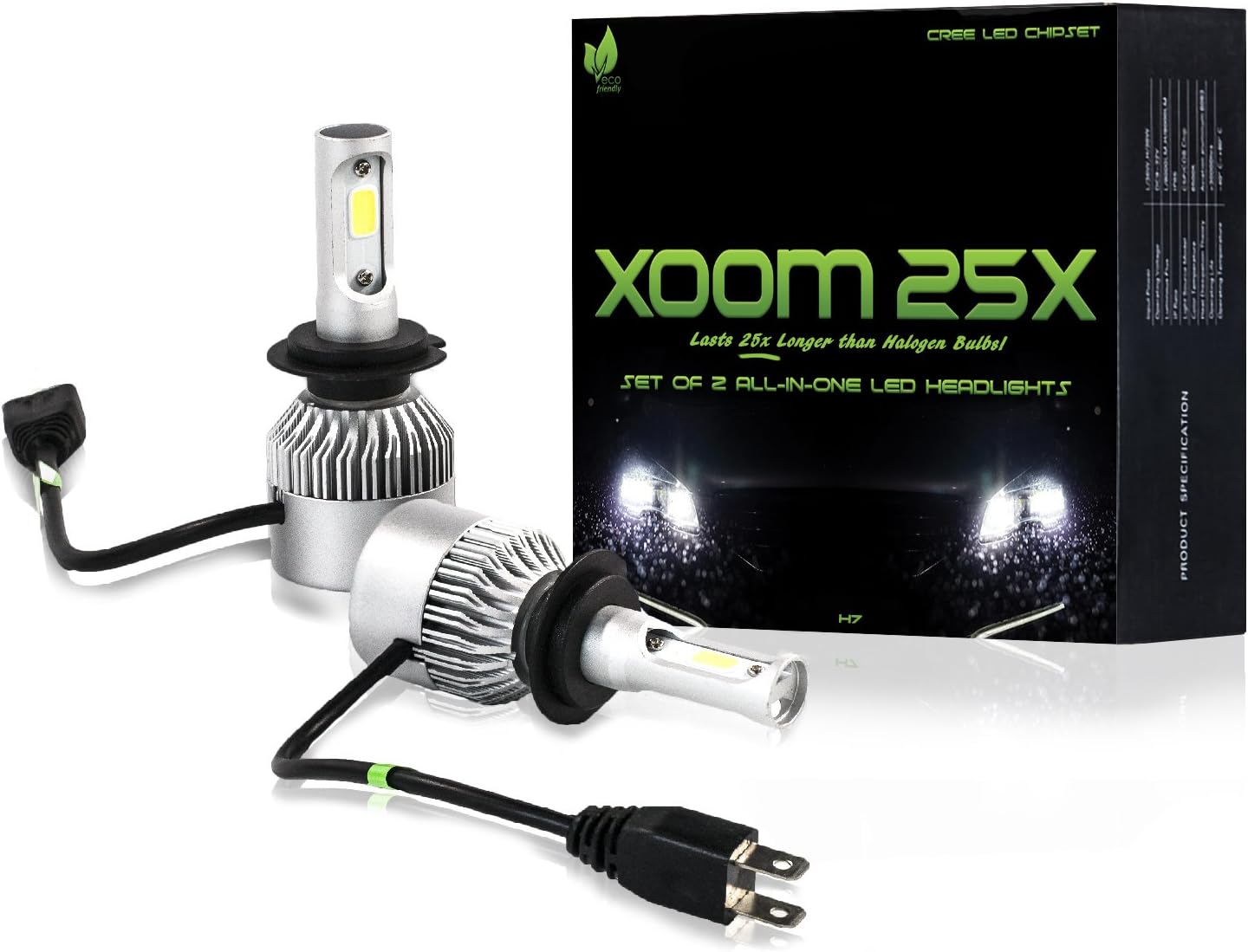 LED HEADLIGHT BULBS - H7 8000 lumen ALL-IN-ONE Conversion Kit - Eco Friendly 2-Pack CREE LED, Brighter Than Daylight Ultra White Increases Nightime Visibility, Easy Install, 2-Yr Warranty