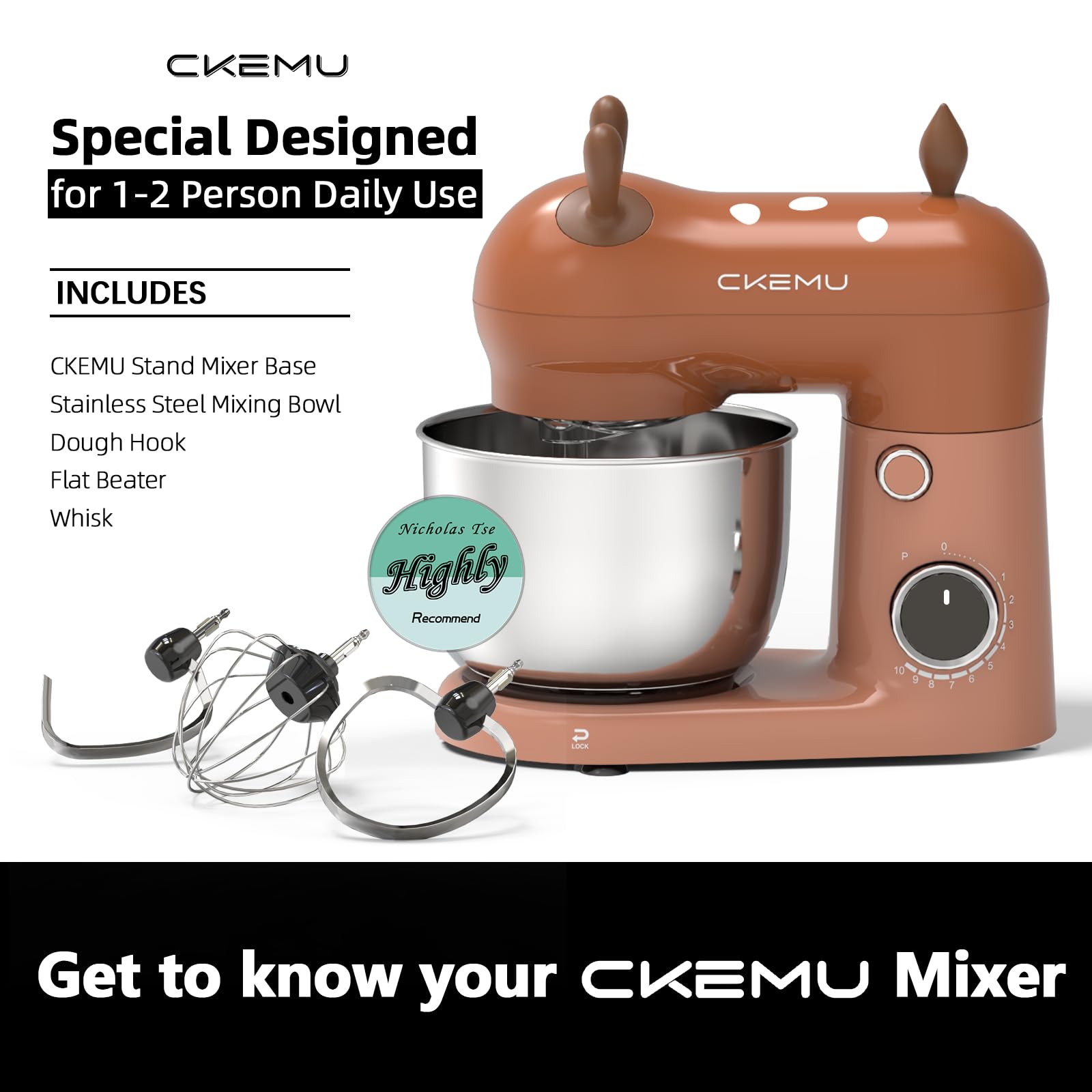 CKEMU Stand Mixer, Compact & Space-Saving, Stainless Steel Bowl, Unique & Playful Design, Effcient 300W Motor, Dishwasher-Safe Attachments, SM-2549A (Brown) view 2