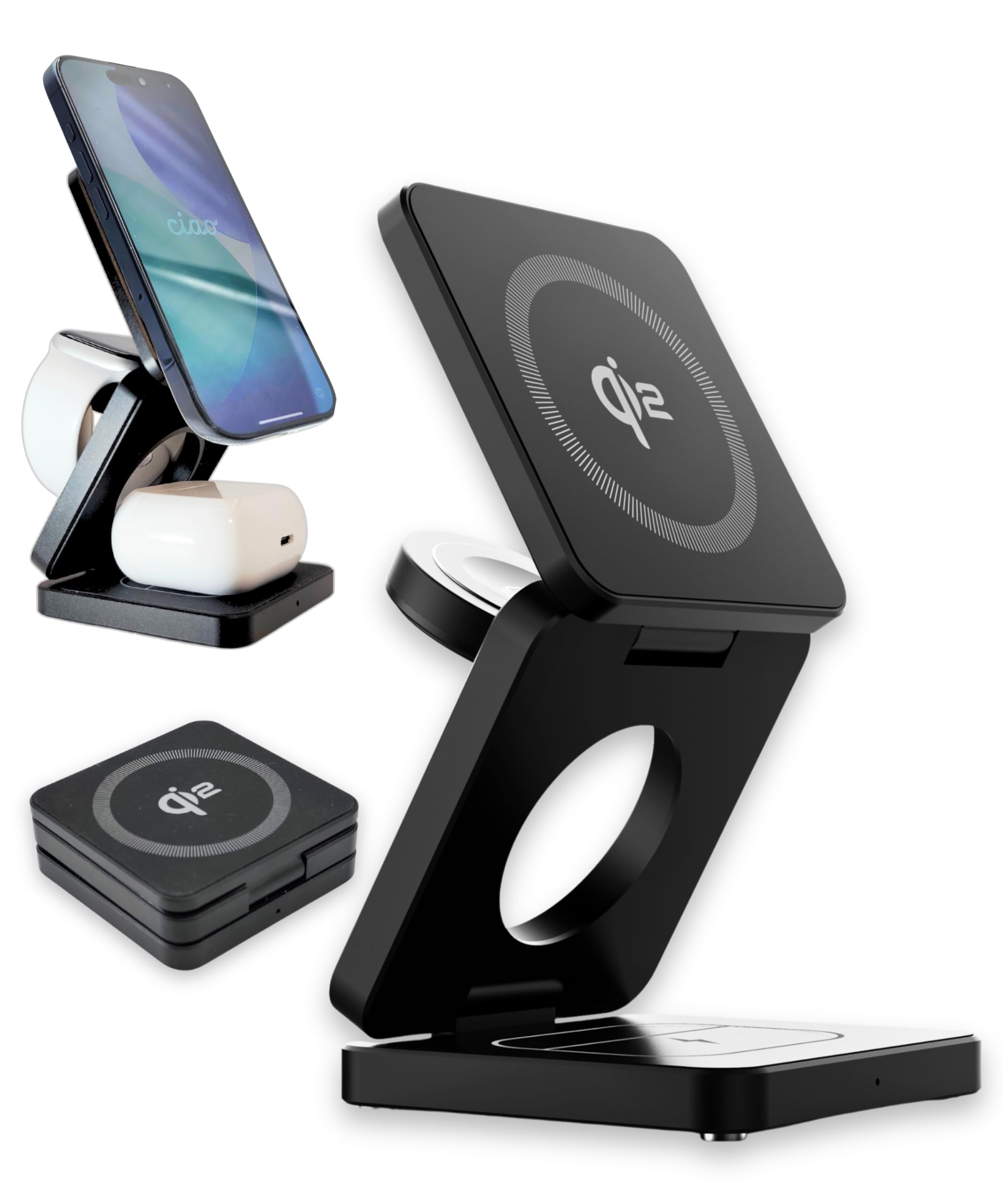 Caricatore Wireless 3 in 1 Pieghevole e Compatto Certificato Qi2 - Stazione Ricarica Compatibile MagSafe per iPhone, Apple Watch ed AirPods - Versione PRO in Alluminio - Nero