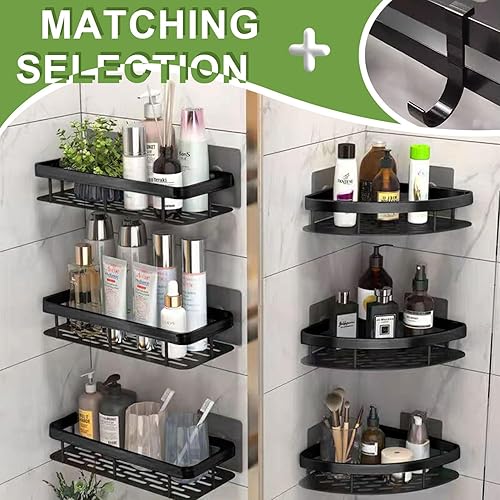 Miniatura 5 de Wellnice Estante organizador de ducha, organizador de baño autoadhesivo, organizador de baño de acero inoxidable con 2 ganchos para almacenamiento