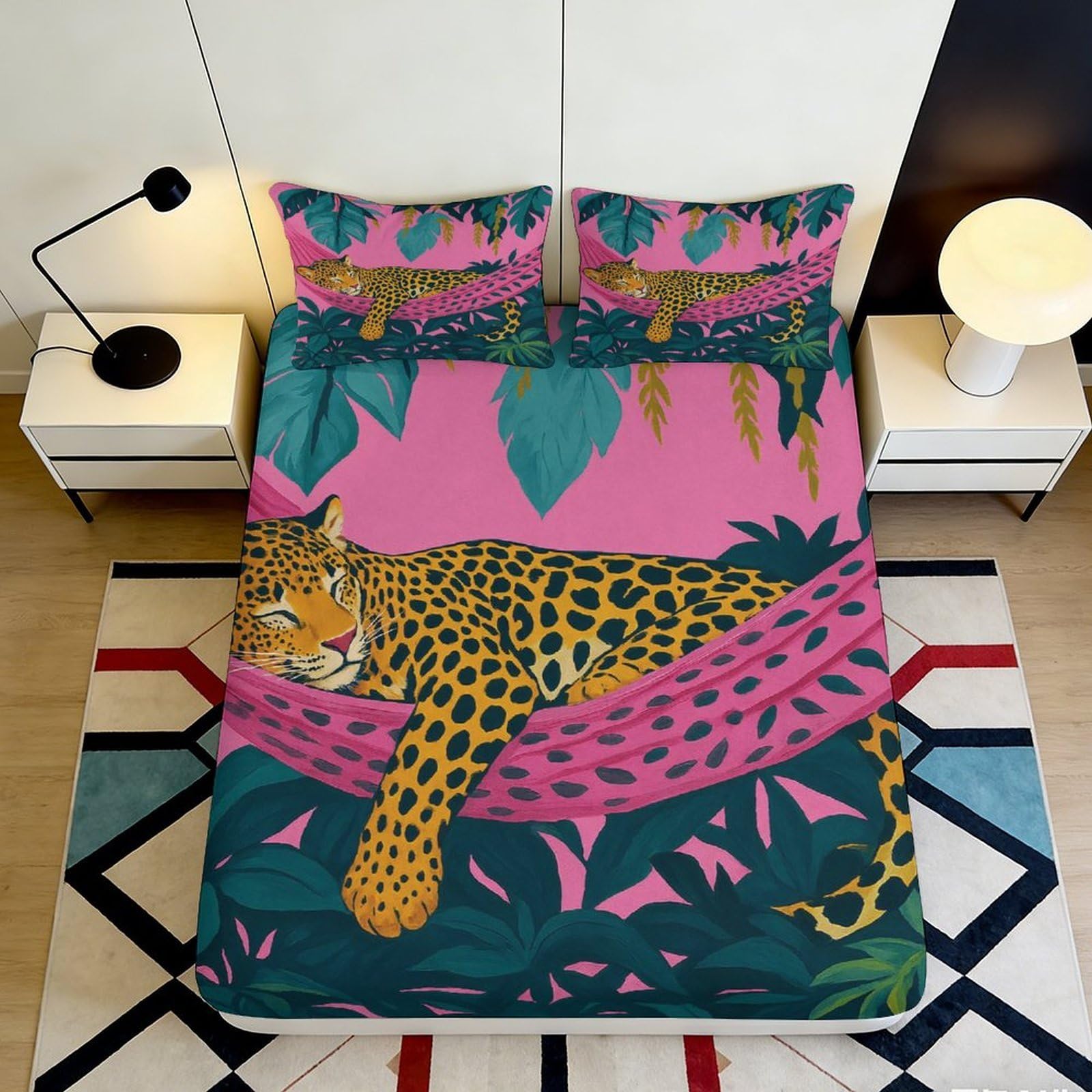3D Printed Tropical Art Fitted Sheet Microfiber Deep Pocket Non-Slip Bedroom Bedding Leopard Mattress Fitted Cover Washable Home 90x200x25cm