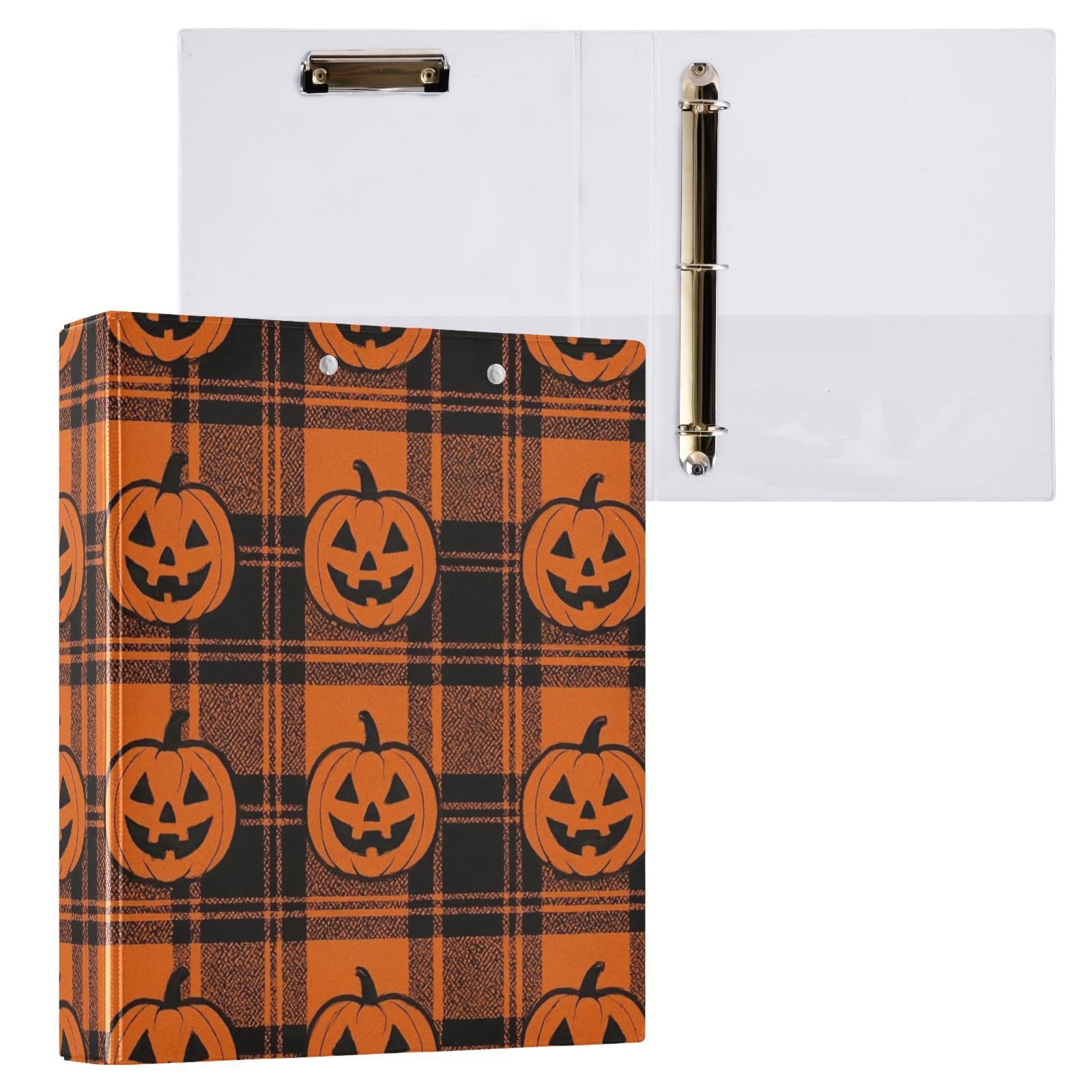 Carpeta de 3 anillos a cuadros naranja y negro, carpeta de anillos en D, paquete de 2 | Con portapapeles y bolsillos, para escuela, universidad, oficina